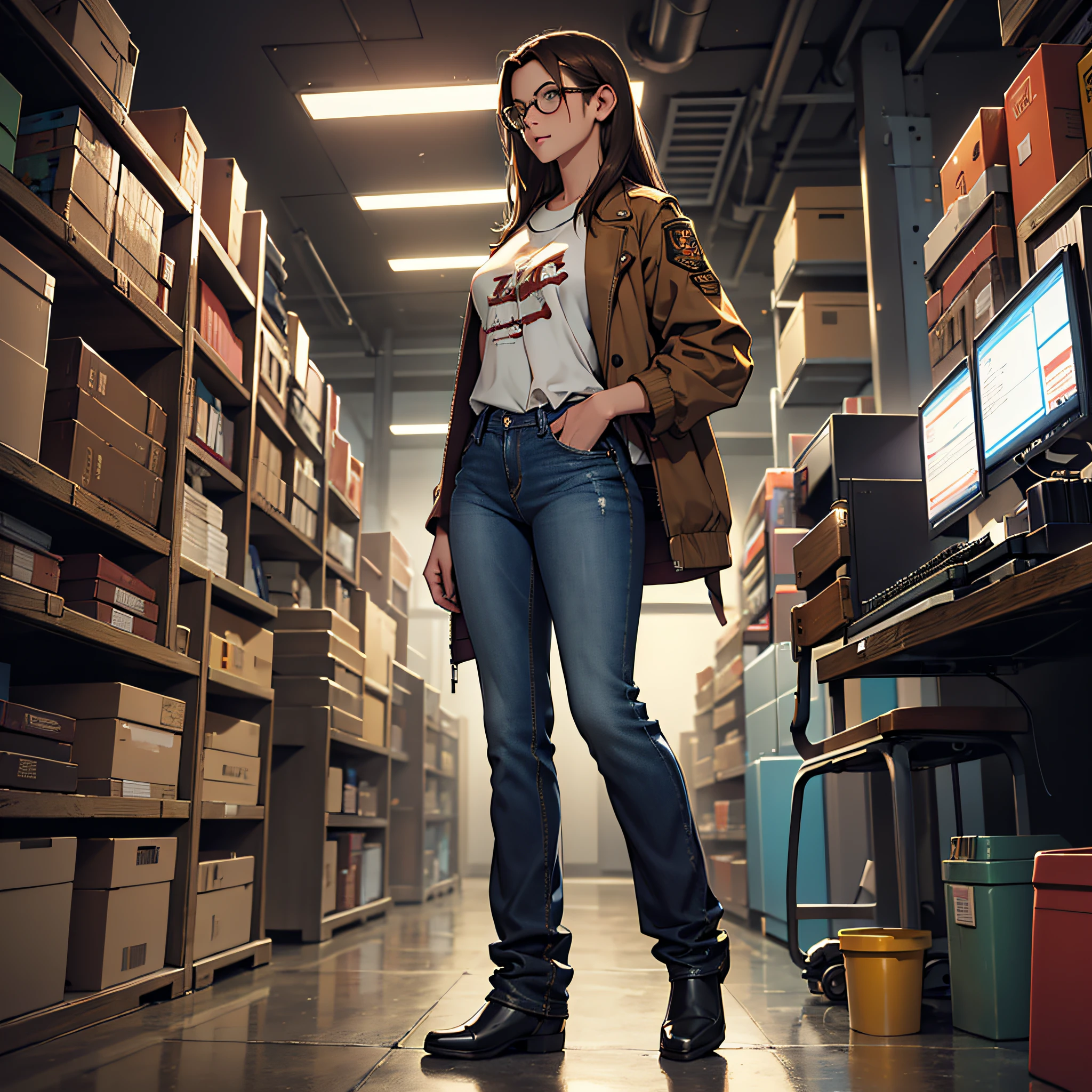 A young woman with brown hair and glasses and dressed in jeans, camiseta branca e jaqueta jeans no lado esquerdo, um computador na tela do computador, Various codes in Matrix style the full-body movie.