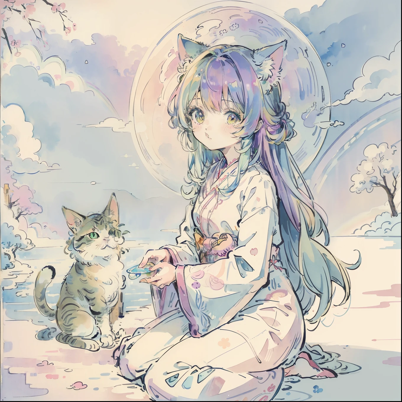 Yumekawa 、Cute as a dream、a pale、Moya、(masterpiece、top-quality、top-quality、watercolor paiting(Curly)、Take a cute cat、Official art、Beautifully Aesthetic:1.2)、(a beauty girl:1.3)、patterns、(rainbow-colored hair、colourful hair:1.2)、Soap bubbles、Rainbow behind、clouds、colourfull、Soap bubbles、Hair spreads throughout、kawaii、pastels、Large ribbon、Lovely room、Rainbow Cat Plush Toy