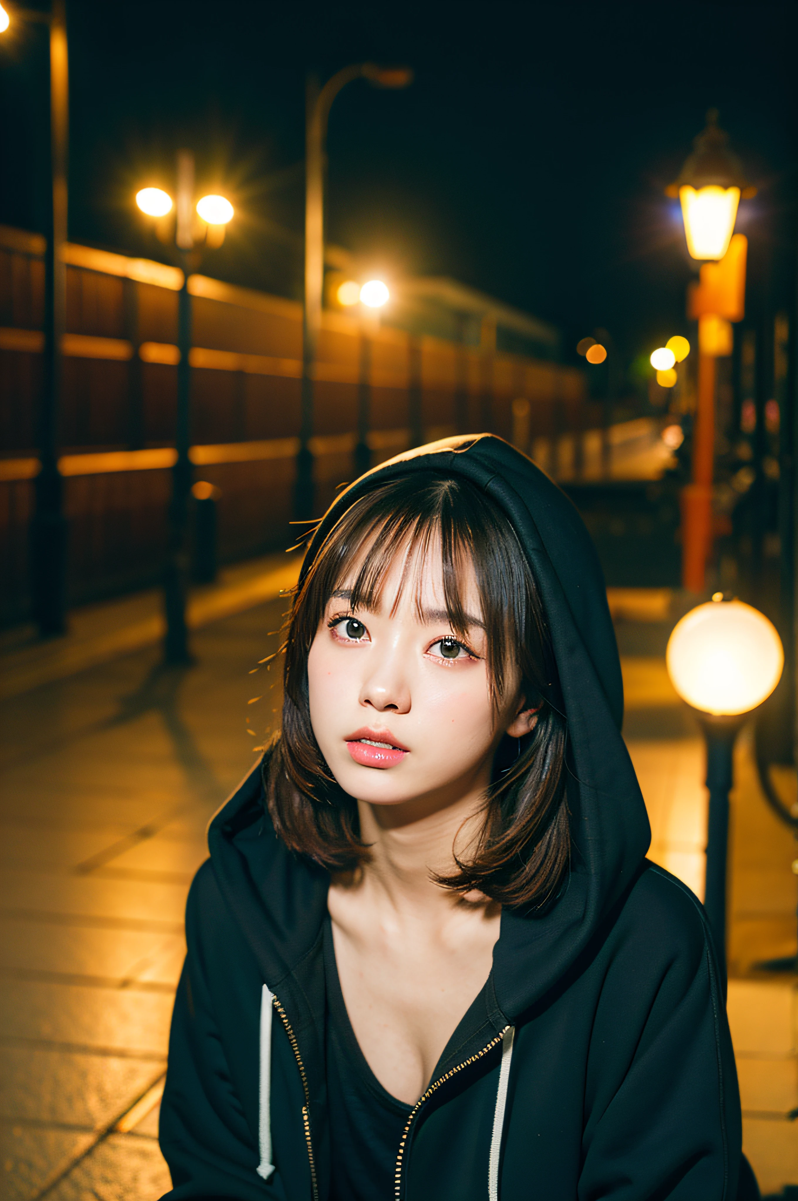 Sad theme、(top-quality、​masterpiece:1.2)、22 year old beautiful girl sitting on bench、Black hoodie、(Streetlight background:1.3)、sony a7,3.Shooting 5 mm lens、f 1.8 Aperture、Lighting glow effect、No retouching、Realistic raw photos、The skin texture is very detailed、without makeup、Background lighting is yellow、rainy day、The atmosphere is moody、Smoking girl、The way to steam