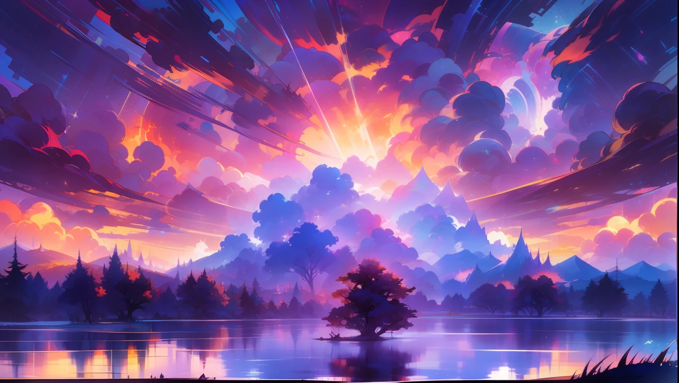 A surreal masterpiece，It presents beautiful and spectacular views in cool colors。Lakes and trees form the background，Accompanied by a gorgeous moon and dreamy sky reflections。The beautiful sky blends in with the color of the lake，Like a blue flame。This 8K picture creates a fantastic atmosphere，Colorful clouds are suspended in it，Create surreal visual experiences