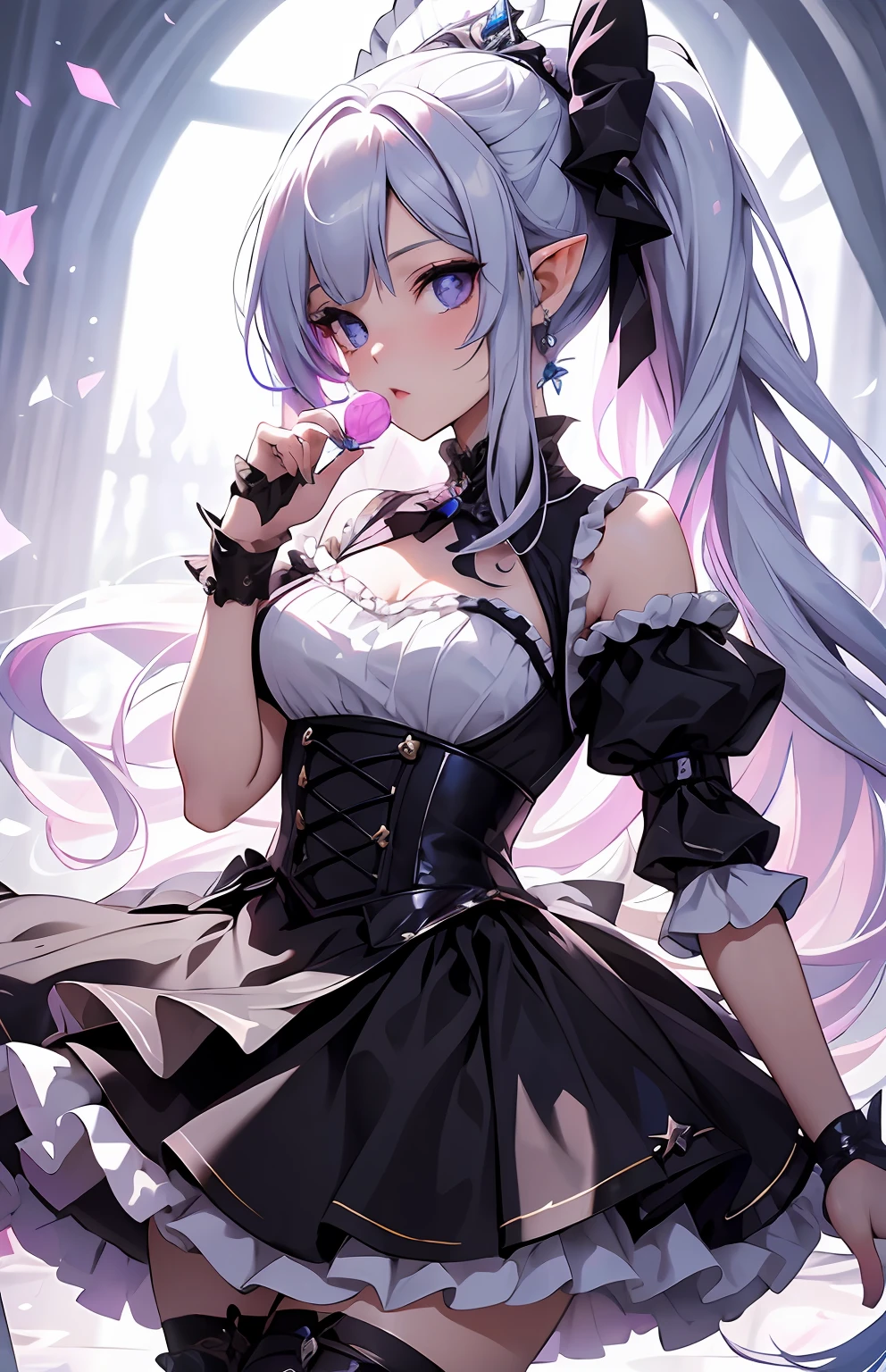 best qualityer,tmasterpiece,Ultimate resolution,downy,Extremely colorful,Colorful,Elven girl,Well-behaved and cute,Eat lollipops,full bodyesbian,Black and white double ponytail,Lolita long dress, Long legs with two white stockings,Muffin shoes,closeup of face