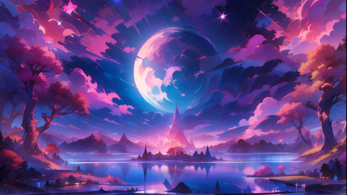 A surreal masterpiece，It presents beautiful and spectacular views in cool colors。Clouds form the background，Accompanied by the moon and fantastic sky reflections。The beautiful sky blends in with the colors of the clouds，Like a blue flame。This 8K picture creates a fantastic atmosphere，Colorful clouds are suspended in it，Create surreal visual experiences