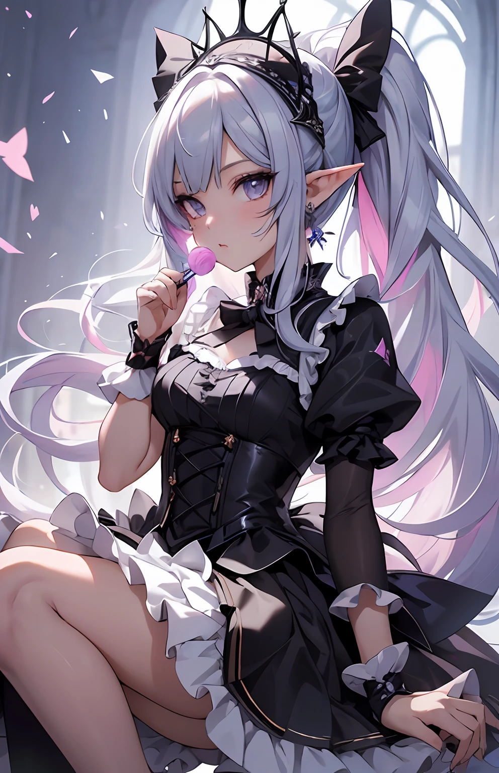 best qualityer，tmasterpiece，Ultimate resolution，downy，Extremely colorful，Colorful，Elven girl，Well-behaved and cute，Eat lollipops，full bodyesbian，Black and white double ponytail，Lolita long dress， Long legs with two white stockings，Muffin shoes，closeup of face