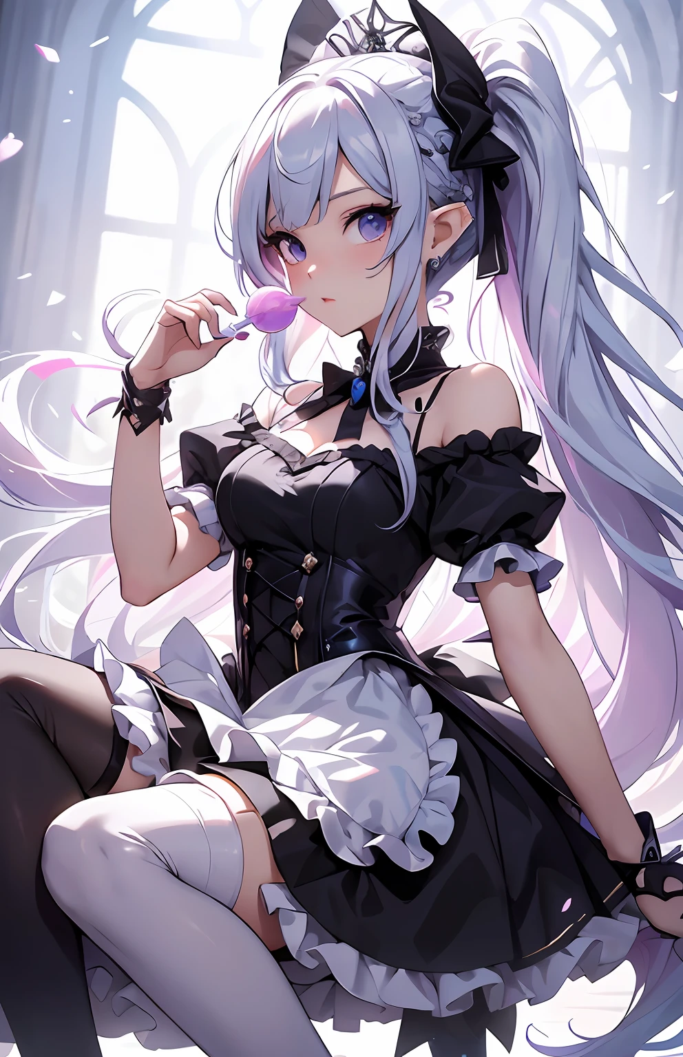 best qualityer,tmasterpiece,Ultimate resolution,downy,Extremely colorful,Colorful,Elven girl,Well-behaved and cute,Eat lollipops,full bodyesbian,Black and white double ponytail,ta long dress, Long legs with two white stockings,Muffin shoes,closeup of face