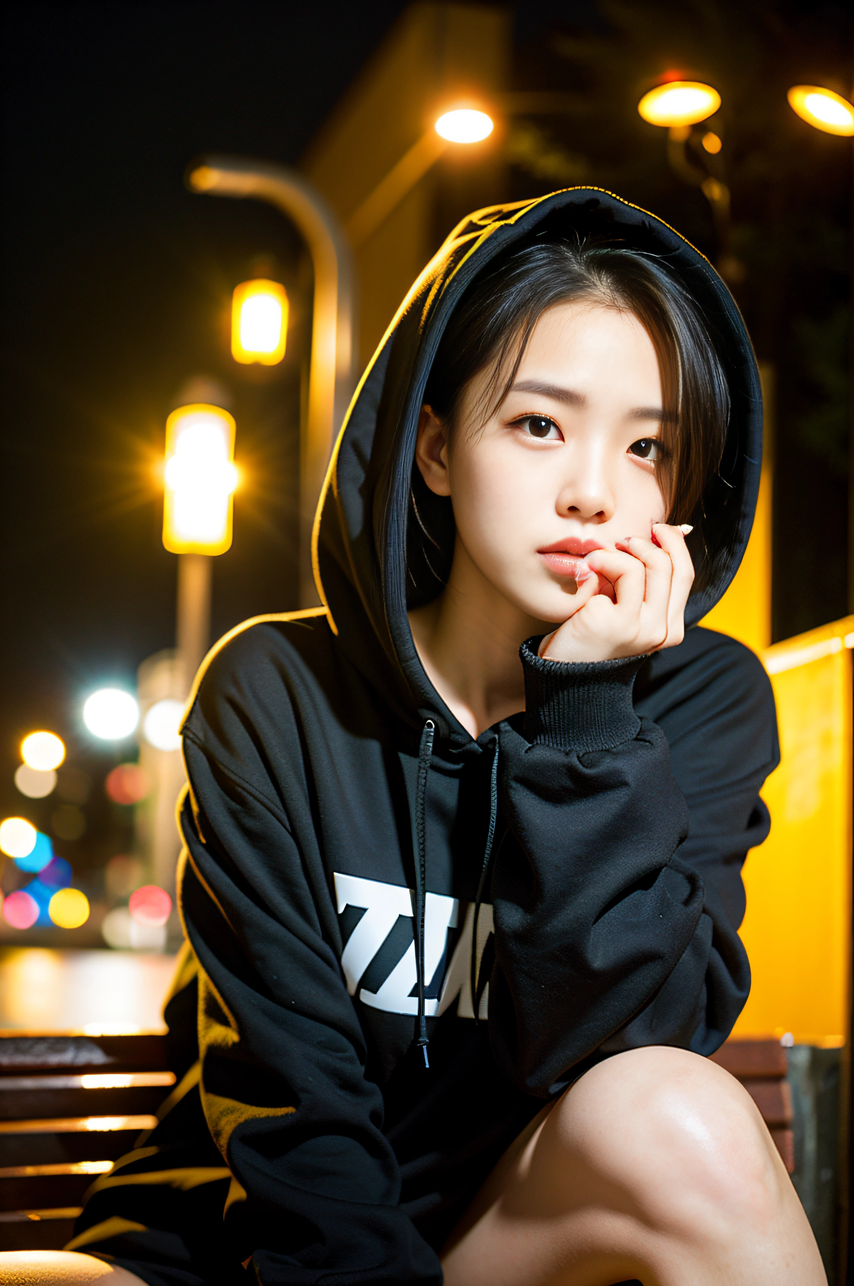 Sad theme、(top-quality、​masterpiece:1.2)、22 year old beautiful girl sitting on bench、Black hoodie、(Streetlight background:1.3)、sony a7,3.5mm lens shooting、F 1.8 Aperture、Lighting Glow Effect、No retouching、Realistic raw photos、The skin texture is very detailed、without makeup、Background lighting is yellow、rainy day、The atmosphere is moody、Smoking girl、How to steam