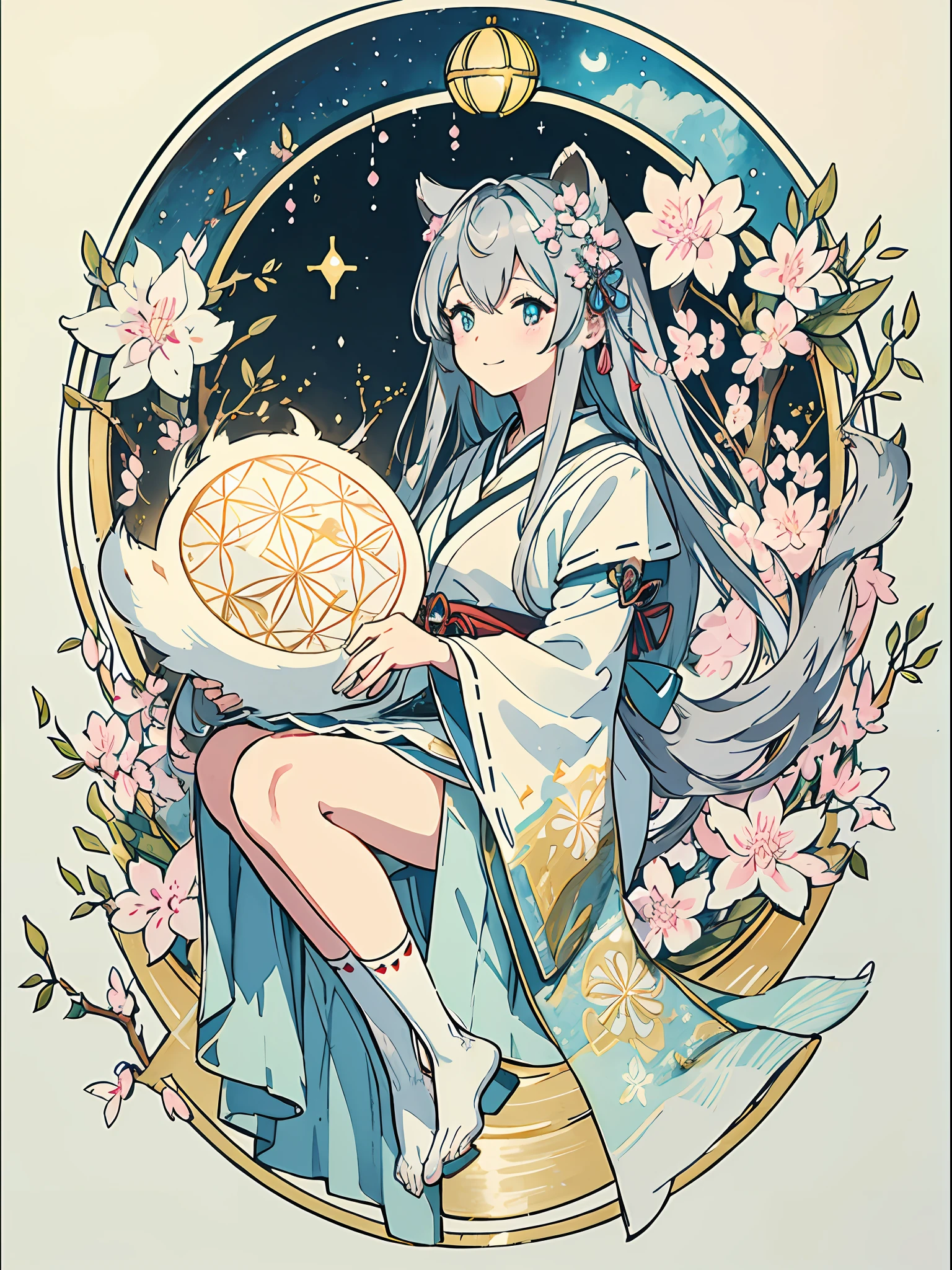 ((8K、masterpiece、top-quality))、Sumi-e、ink and watercolor painting、Witches、Silver eyes、Silvery hair、Eyes that are sucked in、A charming smile、Traditional costumes、Tanuki ears、racoon tail、Beautiful light reflection、lensflare、Seasonal geometric patterns、((Sakura blizzard))、hortensia、Colored leaves、Snowflake、natural、the golden ratio、pastels、Soothing、Soft tones、Detailed drawing、Precision drawings