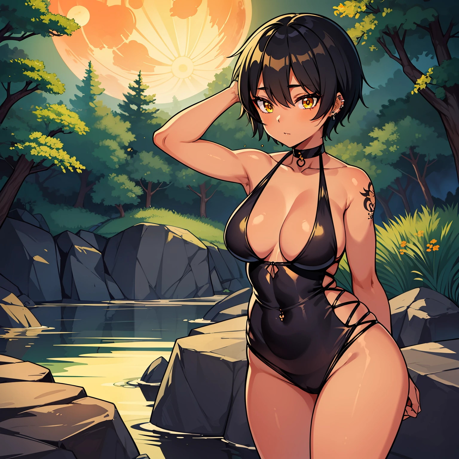 a 1girl, 独奏, A lake in the forest, the night, Fireflies, Orange Moon, Average height, dark-skin, yellow eyes, Short Hair Hair, short stature, brown hair, tattoo, body piercings, Average Breasts, middle thighs, sports body, revealing outfit, punk, rocker, goth,