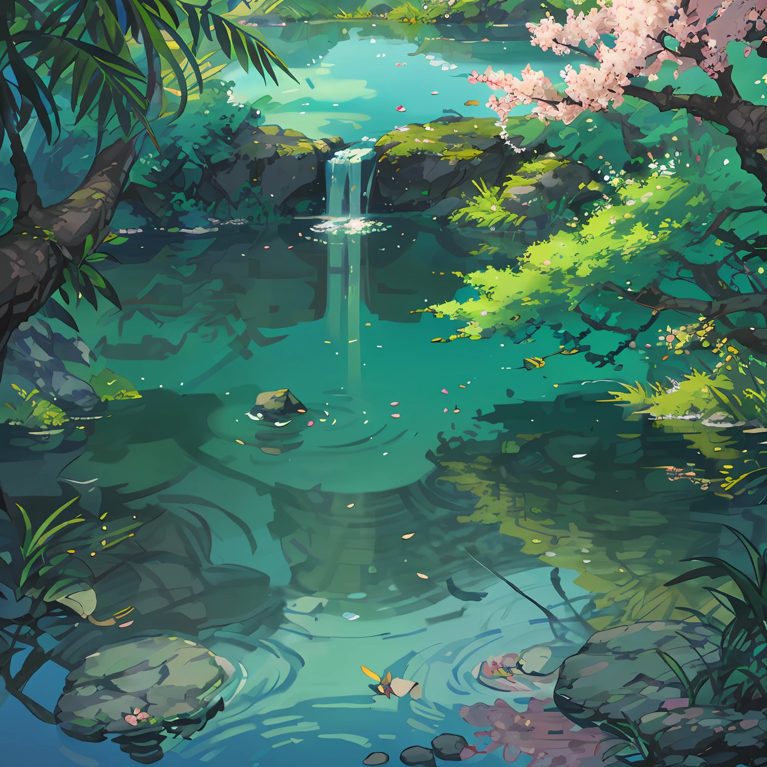 Chinese ancient times, spring, jungle, lake, cave, waterfall, tree, meadow, rock, deer, hot spring, water vapor, (illustration: 1.0), epic composition, realistic lighting, HD details, masterpiece, best quality, (very detailed CG unified 8k wallpaper)