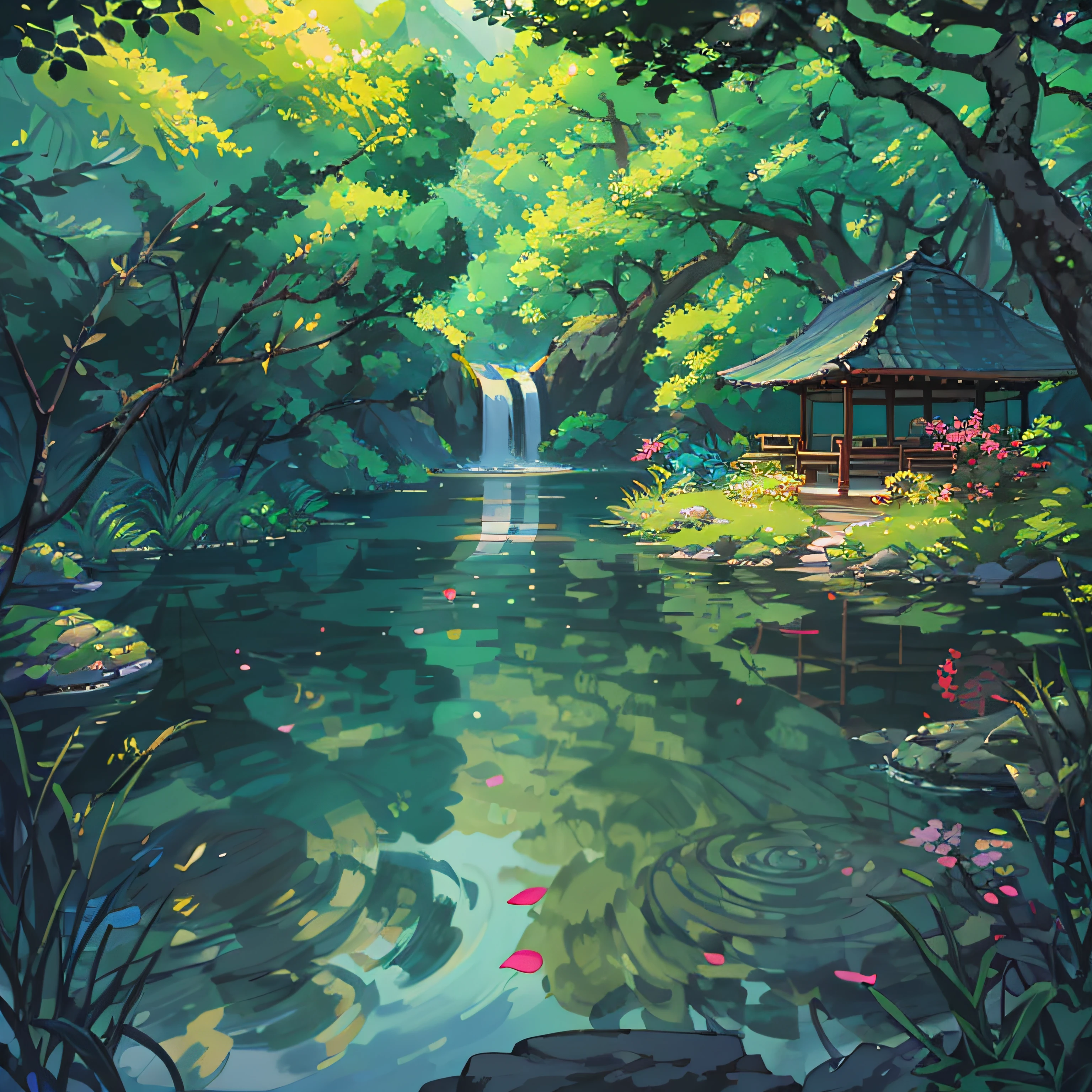 Chinese ancient times, spring, jungle, lake, cave, waterfall, tree, meadow, rock, deer, hot spring, water vapor, (illustration: 1.0), epic composition, realistic lighting, HD details, masterpiece, best quality, (very detailed CG unified 8k wallpaper)
