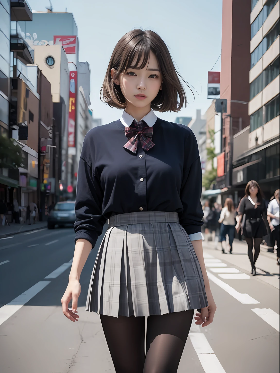 （8K、Raw photography、top-quality、​masterpiece：1.2),Black pantyhose,absurderes,a small face,small tits,flat breast,Parting the bangs from the middle、Forehead visible,(Tight eyes,Bullish,skinny,Rasping,irate)、​masterpiece,top-quality、超A high resolution,Raw photo,ren,Beautiful fece,One Person, 独奏,eye glass,,Dark look,Small breasts,fullllbody,Round glasses、cute little、A Japanese Lady,is standing,(Tight eyes,Bullish,skinny,Rasping,irate,small tits,flat breast)、（Photorealsitic：1.37）、Photon mapping,Light blue ribbon,Realistic、Cute little face,Brown-eyed、Black socks、(Red bow tie)、Radio City、Physically Based Rendering、Foreground、depth of fields、Blurry background、a picture,The girls、Body, Long legs, Thin leg,poneyTail,(Bangs are visible), hair, s lips, Blue_The eye, nosesoft,White shirt, Navy blue and white plaid pleated skirt, Knees are visible,Sheer clothing,, Thigh, Black cotton socks,Nogizaka Idol, 女優, Japanese ido