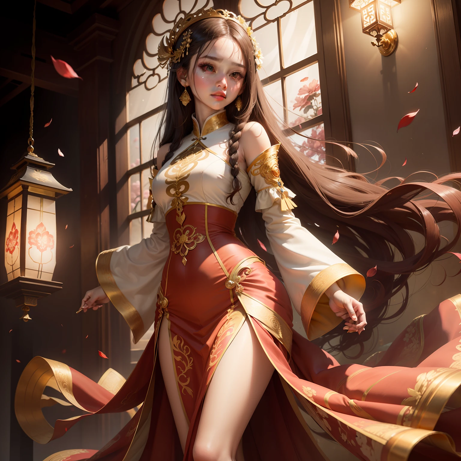 best quality, masterpiece, highres, (exquisite body:1.5),gorgeous face,(milky skin:1.3),intricate details,high resolution,wallpaper,
1girl, solo, dress, hair ornament, (((gold and red dress))), flowers, long hair, brown hair, closed mouth, jewelry, long sleeves, hand up, wide sleeves, big eyes,floating hair, chinese clothes, hanfu, embroidery, long skirt, natural pose, falling petals, indoor,fanning, lantern,
16K,HDR,highres,depth field,(film grain:1.1),boken,golden hour,(lens flare),vignette,rainbowing,(color grading:1.5)