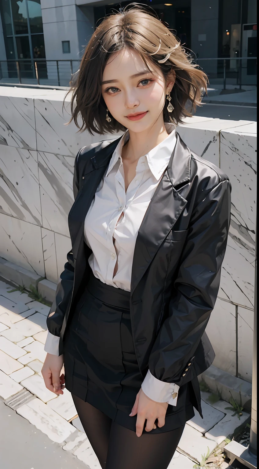 (8K, Best quality, Masterpiece:1.2),
(Realistic, photo-realistic:1.37),
Ultra-detailed,
1 girl, full bodyesbian, Outdoors, (Adjust hair:1.5)
Office Lady, black officeblazer, officeskirt, (Pantyhose:1.2), (short buttoneddownshirt:1.2), buttonedupcollarprim, buttoneddowncollarprim, Bra, (Pantyhose:1.2), alphalayers, high-heels,
Beautiful earrings,
Cute,
Solo,
Beautiful detailed sky,
(Smile:1.15),
(Closed mouth),
Small breasts,
Beautiful detailed eyes,
Business attire,Business wrap hip skirt
(Short hair:1.2),
Floating hair NovaFrogStyle,