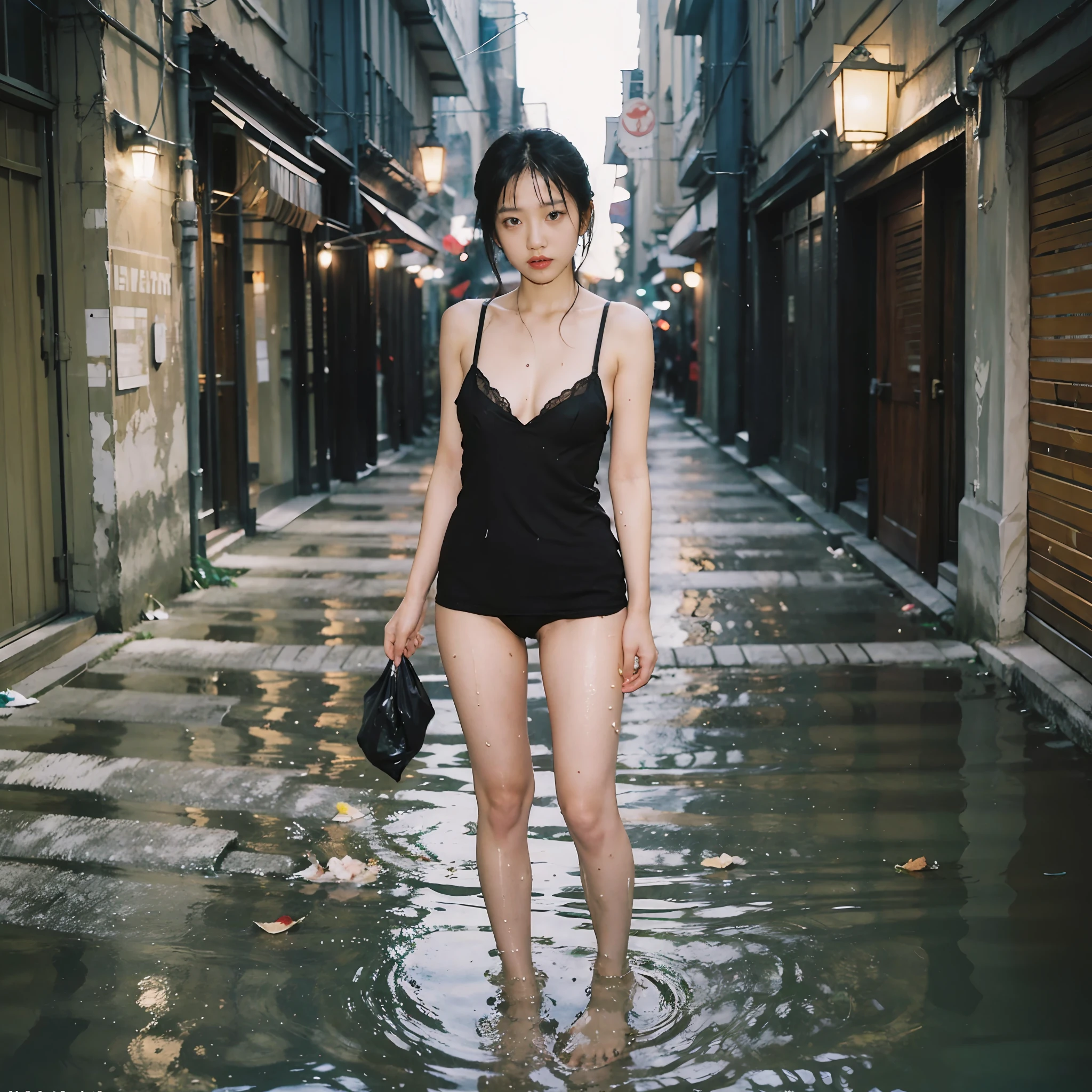 90s flash photo，1girll, Solo,At night,a woman standing in a dim alley flirting，(full bodyesbian:1.5),Wet,Transparent,(sensual lingerie),Bare feet,(tit:1.5),with a bright night scene in the distanceThe best quality，((Wet ground)),(((The ground is littered with garbage))),((tenten)),sin front of camera, tmasterpiece，RAW photogr，Film photos，