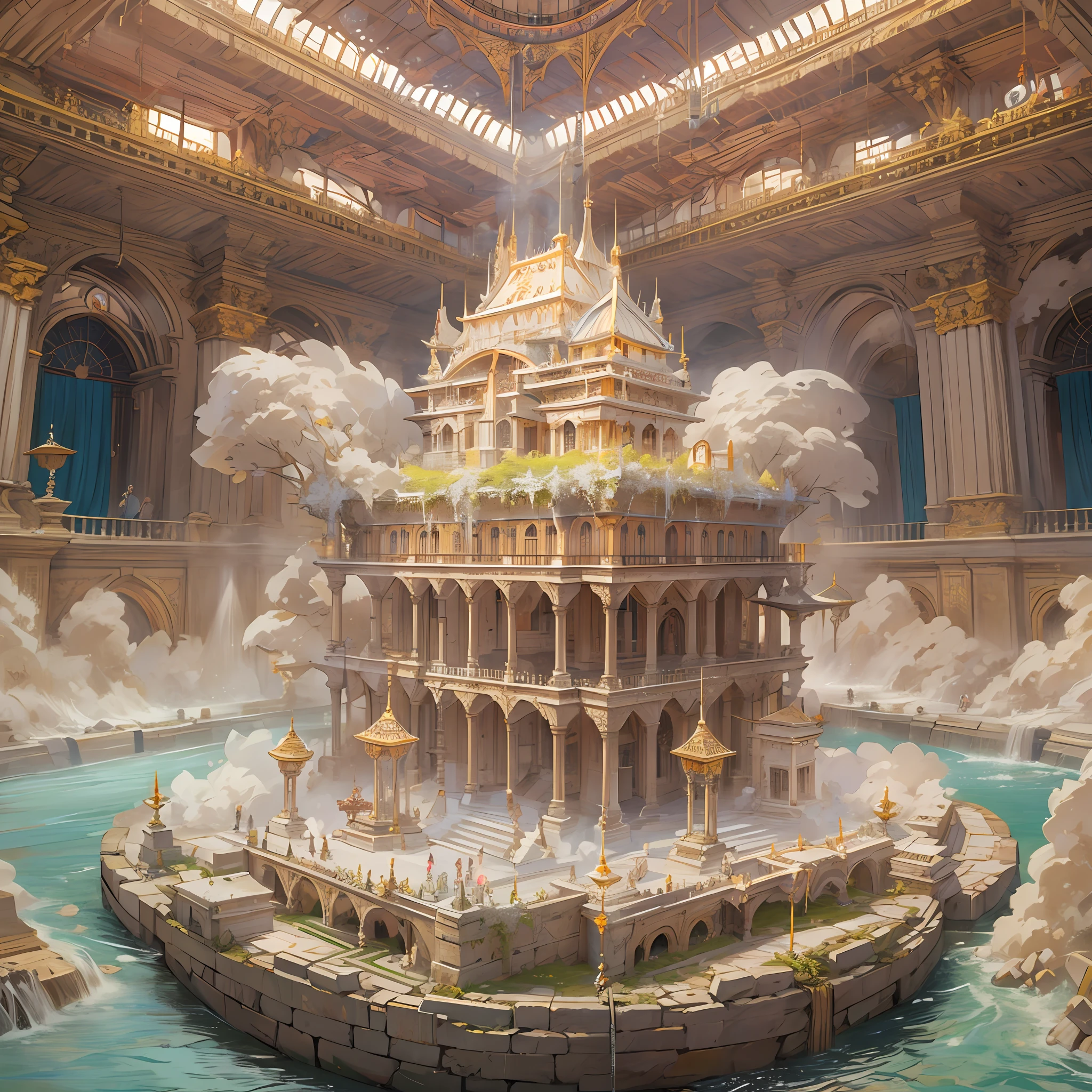 In a livestream room, the audience stares at a massive sugar cube that resembles an ancient architectural structure, like a pavilion or a tower, ,in the style of the stars art group xing xing, 32k, best quality, masterpiece, super detail, high details