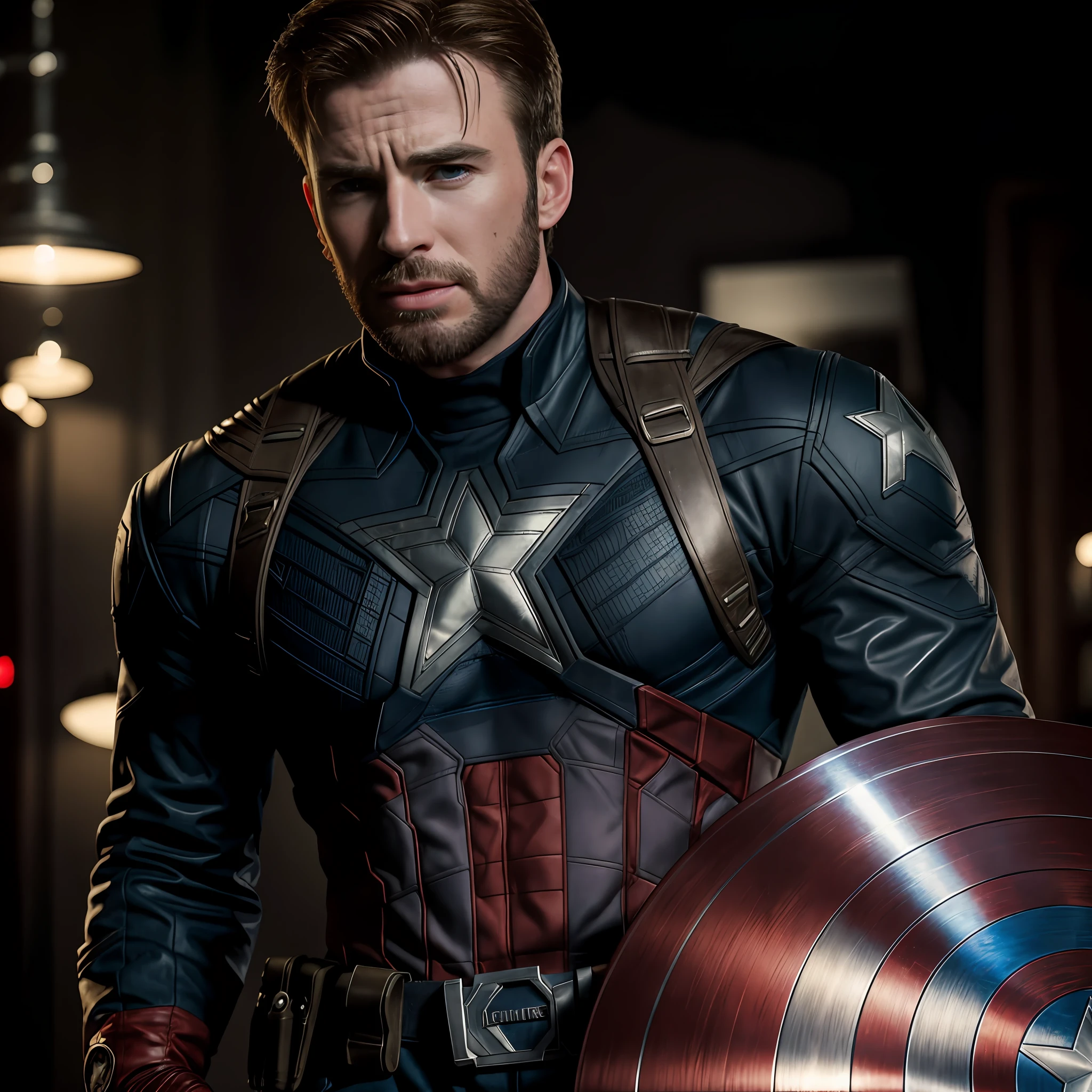 .Chris Evans in Tarantino Style as Captain America 8K、hight resolution、A detailed face、A detailed face、A detailed eye、Detailed suit、Marvel and DC style、A hyper-realistic、+Movie shots+Dynamic composition、incredible detailed、sharp、detaileds+awesome details+Night with Light+perfectionism+Award-winning realism((Moody Writing))