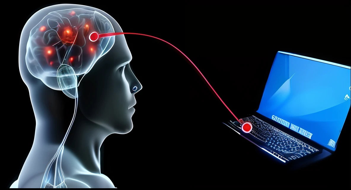 Close-up of a man holding a laptop and brain, brain connected to computer, brain interface, brain computer interface, Electronic brain, neuro, computers and holograms, Human computer computer, neuro web, mental control, Consciousness projection, neural machine, in front of a computer, cable connected to the head, neurochip, Distributed awareness