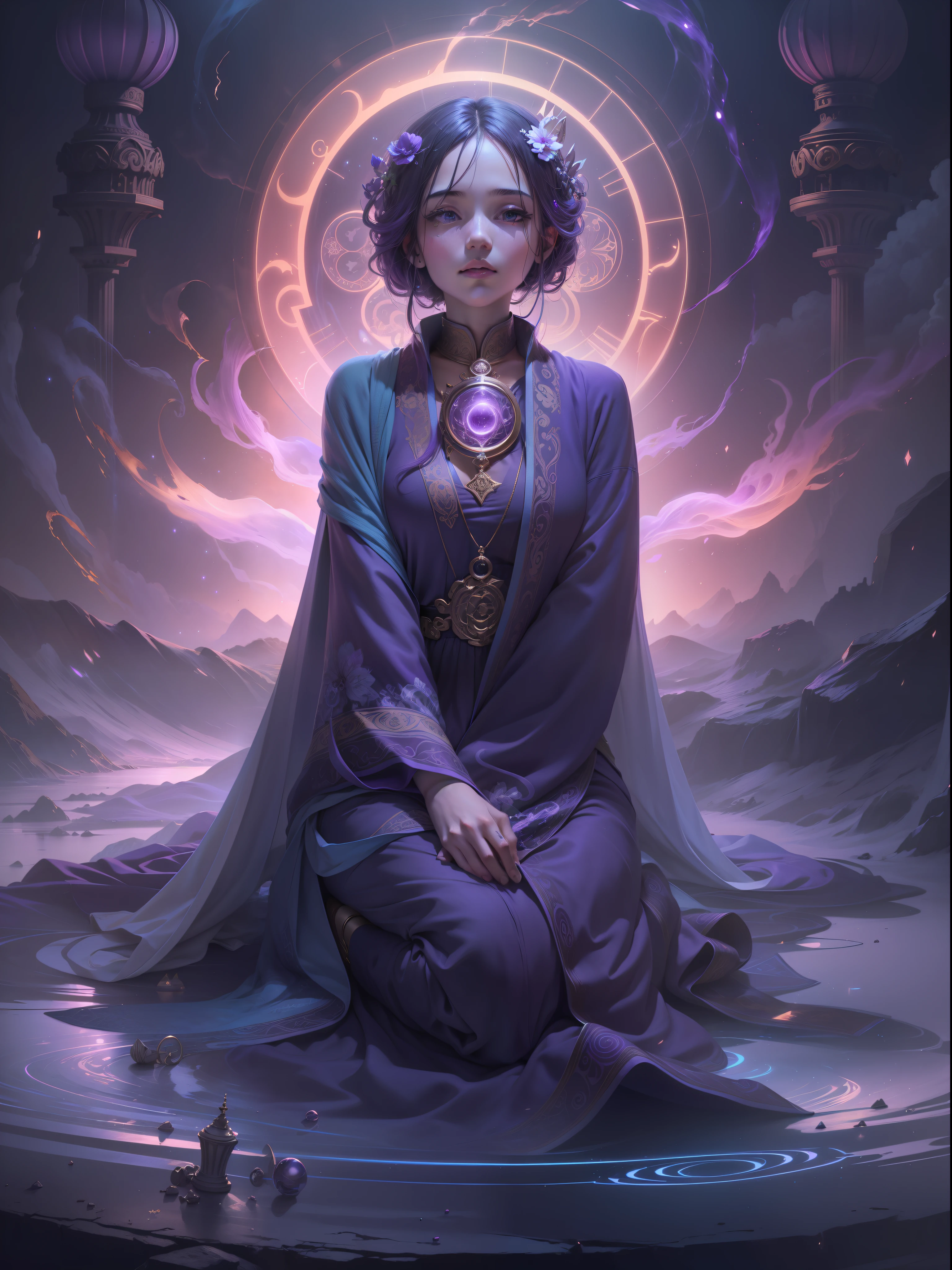 Picture quality：A masterpiece of high detail,8K,High resolution Body content：1girll,16 yaers old,Full-body position, Broad perspectives，wears a long robe，Glowing hair，long leges，Exudes an aura of majesty and wisdom,The purple magic wheel unfolded behind it，Behind him is the mysterious oversized purple chakra purple light，Countless glowing quicksand swirled around this figure，Mysterious top light，The feeling of being high，Background with：A dazzling paradise，enviroment：fanciful，Full of mystery，Buddha is filled with purple light，utopian，Bathe in the breath of chaos，Hopeful，Divine piety，mystical ambiance：Mysterious and unknowable sense of light，sun light，Intense violet light，Magic beam，The fantasy of the future world is intertwined with reality，Color：Infused with ethereal hues and luminous purple hues，White-blue，High purity color， composition：Ultra-wide angle composition，Faraway view， Style reference:Virtual Engine，The magical texture of ghostly sparks，Chaotic real world