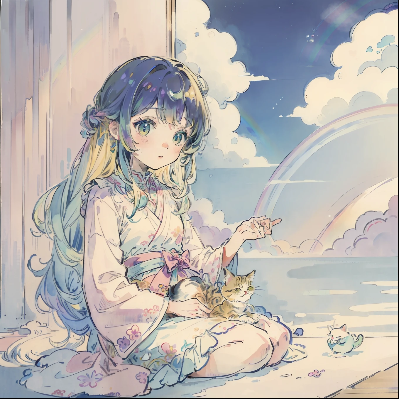 Yumekawa 、Cute as a dream、a pale、Moya、(​masterpiece、top-quality、top-quality、watercolor paiting(Curly)、Take a cute cat、Official art、Beautifully Aesthetic:1.2)、(a beauty girl:1.3)、patterns、(rainbow-colored hair、colourful hair:1.2)、Soap bubbles、Rainbow behind、​​clouds、colourfull、Soap bubbles、Hair spreads throughout、kawaii、pastels、Large ribbon、Lovely room、Rainbow Cat Plush Toy