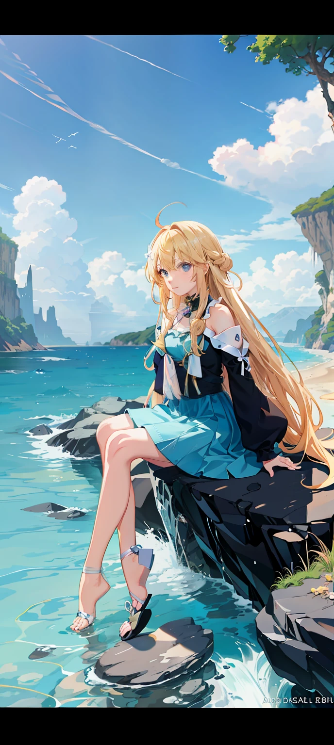 Anime girl sitting on rocks by the sea with dog, Blonde anime girl with long hair, wallpaper anime blue water, anime wallaper, Beautiful anime, Guviz, hd anime wallaper, Anime style. 8K, anime visual of a cute girl, Splash art anime Loli, drawn in anime painter studio, Smooth anime CG art