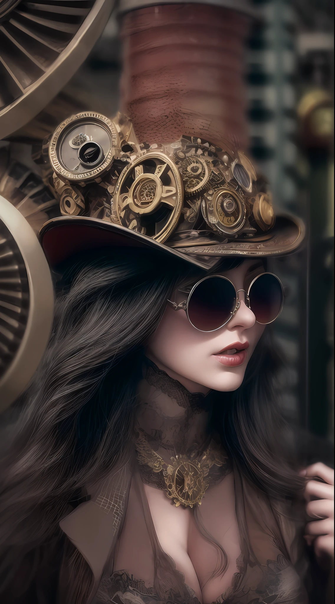 closeup cleavage，Wear a hat and round steel gears，sun glasses，Victorian steampunk，cinematic photogtaphy，nipple process，ellegance，meticuloso，magnifica，max detail，Extremely aesthetic，intricately details，Hippie glasses vintage round metal，4k。