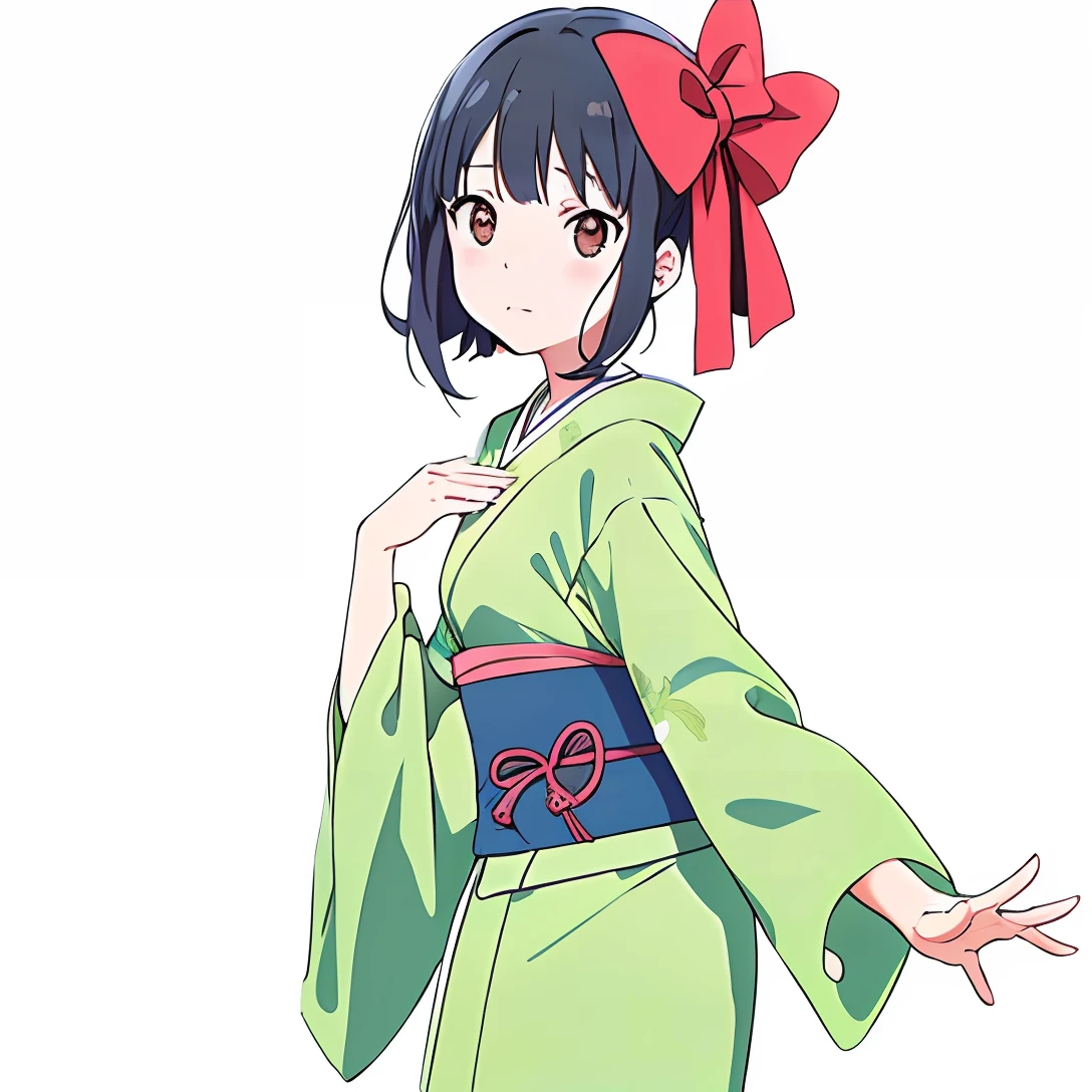 character sheet, anime girl in a green kimono with a red bow, anime visual of a cute girl, shirabii, anime moe artstyle, in kimono, in a kimono, young anime girl, an anime girl, anime best girl, mitsumayo, cute anime girl, wearing a haori, in style of kyoto animation, wearing a kimono, iwakura lain, (((different poses, different angle shot))), (((scenic background, colorful background)))