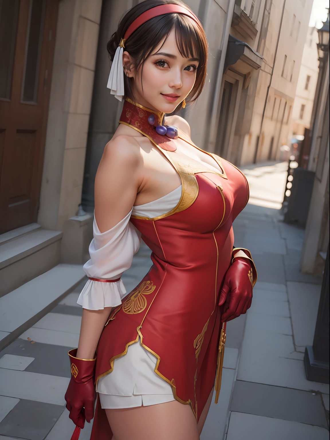 (masterpiece, best quality:1.4), (full body), (wide shot), 1girl, solo, stunning girlfriend, (standing:1.1), 1girl, solo, athenams, hairband, chinese clothes, red dress, gloves, hair ornament , bare shoulders, heart shaped face, elegant face, beautiful face, highly detailed face, highly detailed skin, skin pores, subsurface scattering, realistic pupils, medium breast, sexy smile, detailed background, depth of field, atmospheric perspective, volumetric lighting, sharp focus, absurdres, realistic proportions, good anatomy, (realistic, hyperrealistic:1.4), 16k hdr,