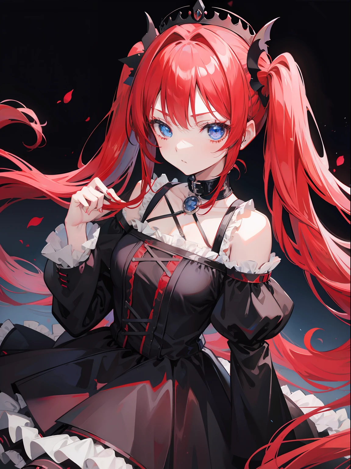 Red hair, Blue eyes, twintails, Goth Lolita, Darkgoth, Collar,Crown tiara,pride,solo,loli,Long hair,