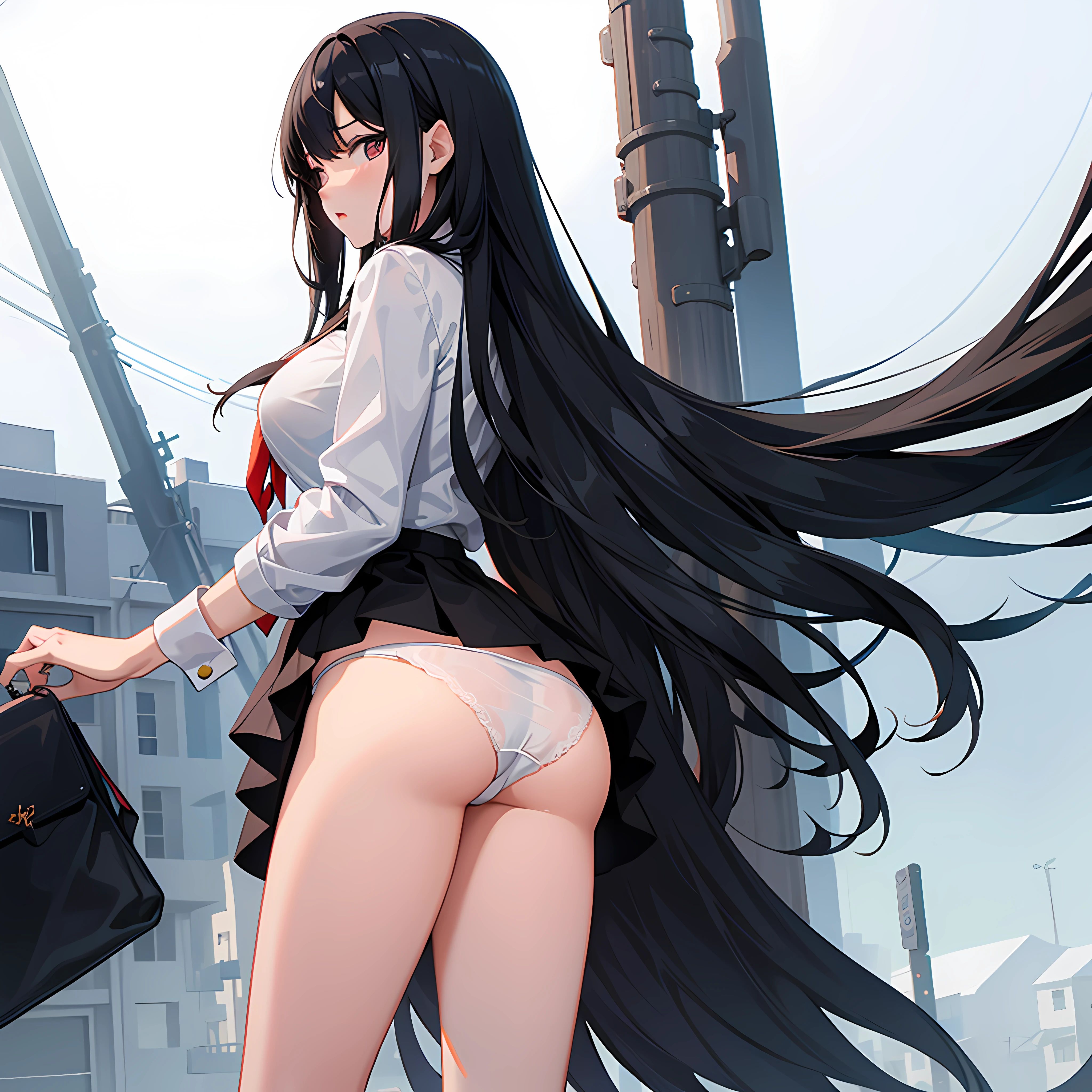 High school girl, long untied black hair, pendulous eyes, big tits, white panties, high legged
