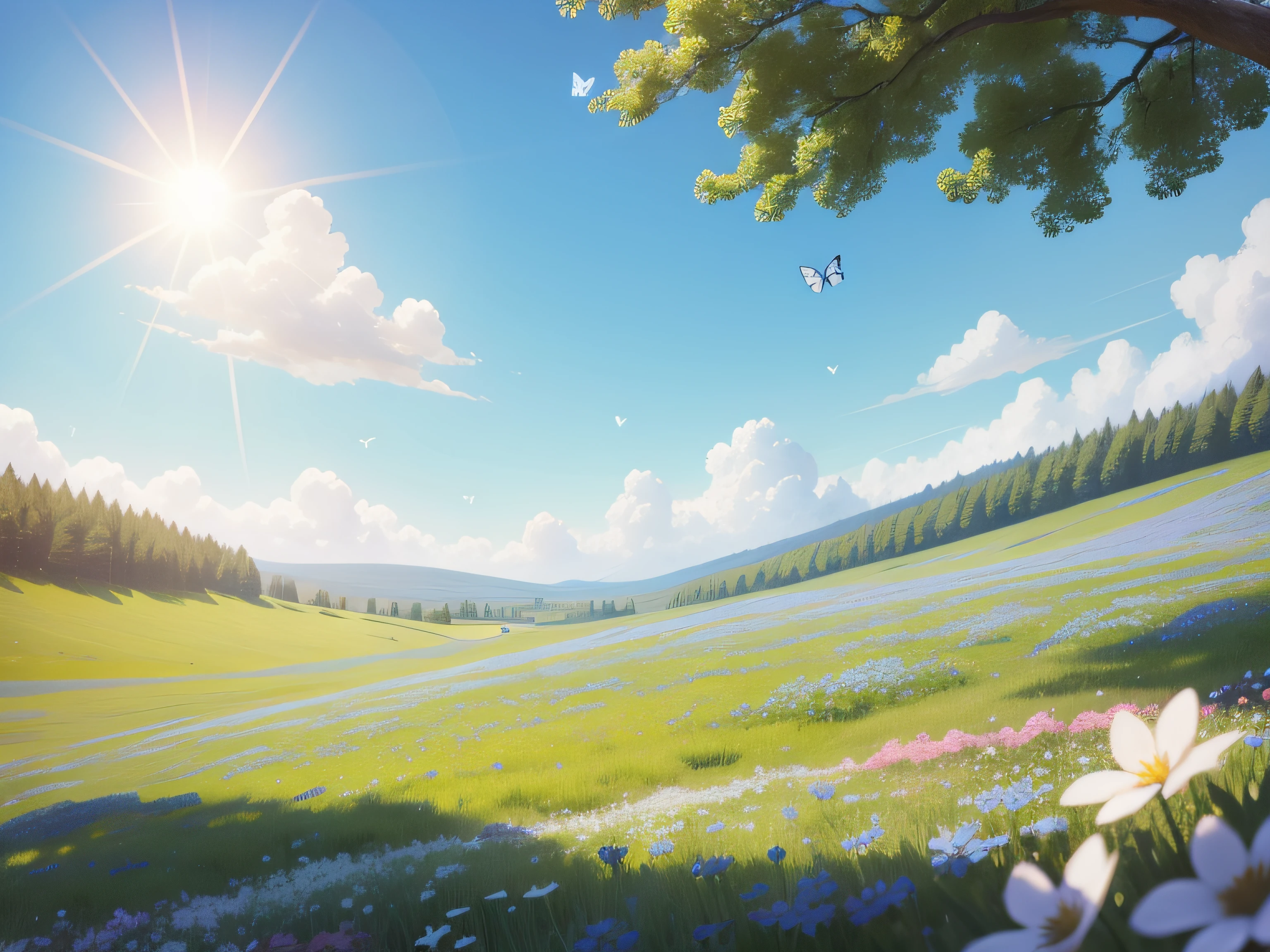 Beautiful blurred spring nature background with blooming meadow and blue sky on a sunny day. Butterfly and delicate blue flowers