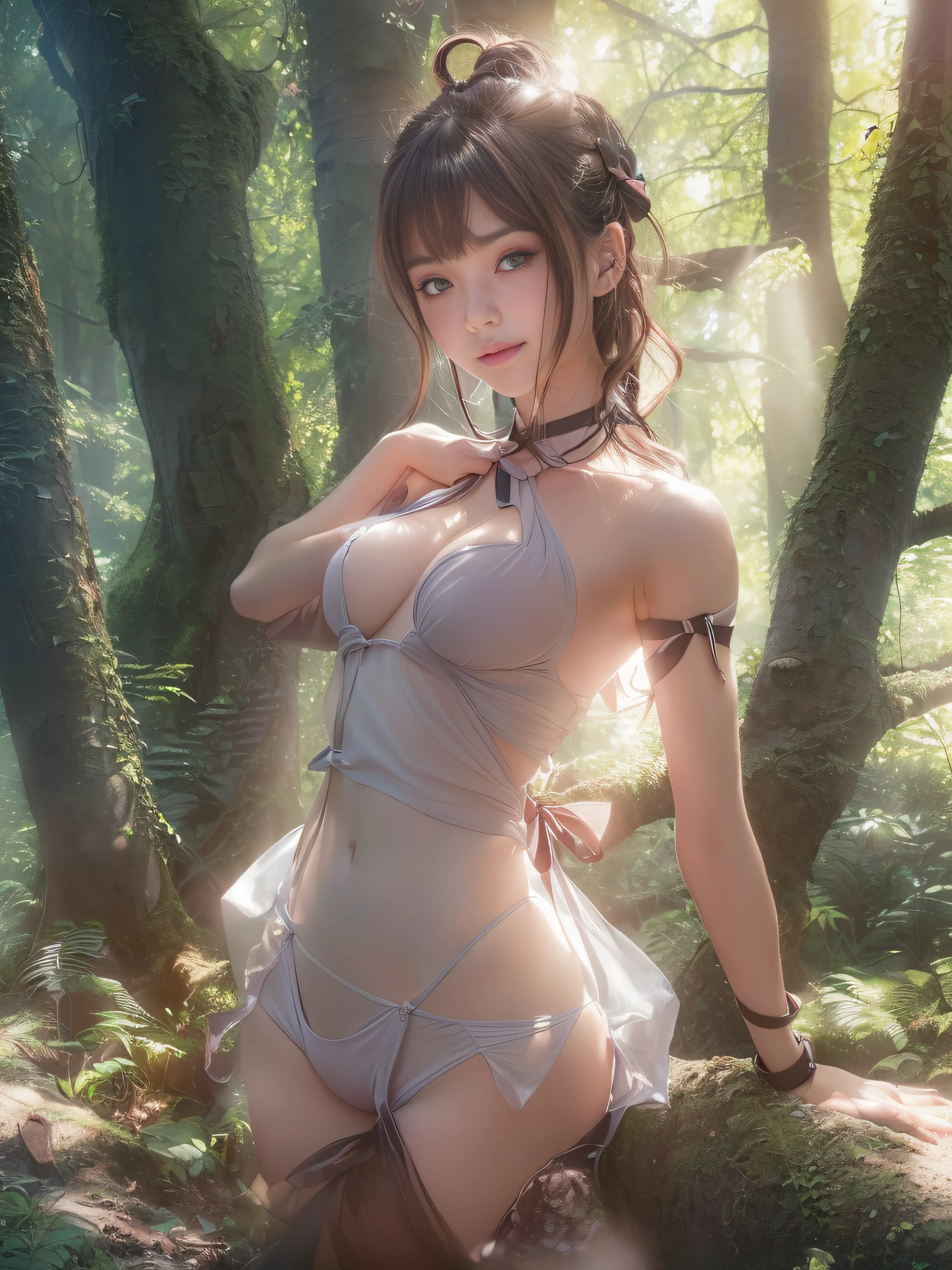 (Highest image quality, Highest image quality, An ultra-high picture quality)、(Raw photo, Realism: 1.4)、(flat chest, Small breasts: 1.5)、((Small breasts))、((Small breasts))、Ultra-fine and beautiful face、(((((1 persons))))),((((Photorealsitic))))、((One girl))、((fully body photo))、(((lensflare))),(((((Back lighting)))))、((In the woods)),((Smiling)),((NIKON　Z))、((((age19)))),(((Smaller bust))))、((toppless))、(((pore feel)))、(((Muscle feeling)))、(((photorealisim:6, realisitic)))、Perfect lower body shape、thighs thighs thighs thighs、side poneyTail、bow ribbon、pale-skinned、watching at viewers、Small waist