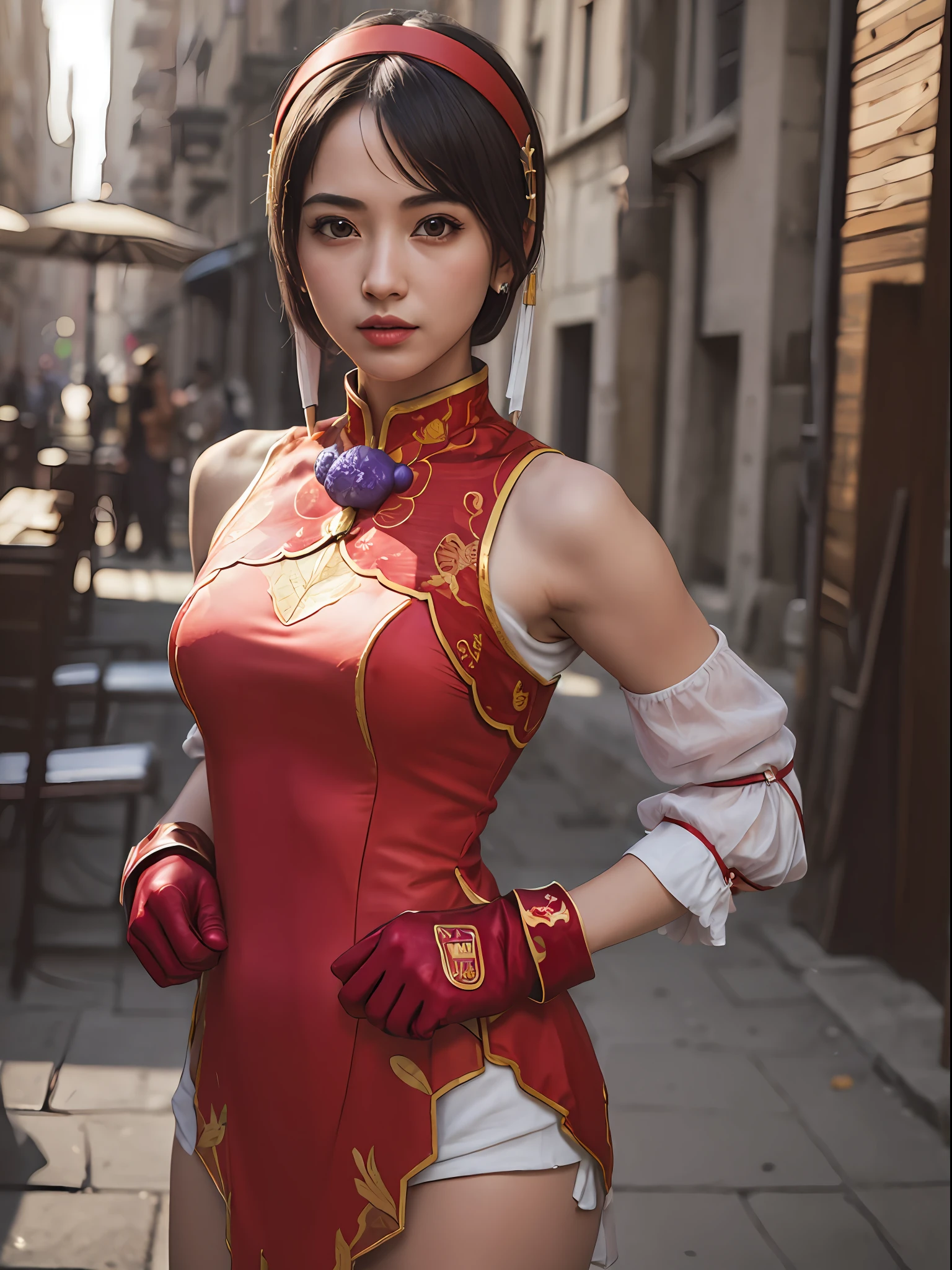 (masterpiece, best quality:1.4), (full body), (wide shot), 1girl, solo, stunning girlfriend, (standing:1.1), 1girl, solo, athenams, hairband, chinese clothes, red dress, gloves, hair ornament , bare shoulders, detailed background, depth of field, atmospheric perspective, volumetric lighting, sharp focus, absurdres, realistic proportions, good anatomy, (realistic, hyperrealistic:1.4), 16k hdr,