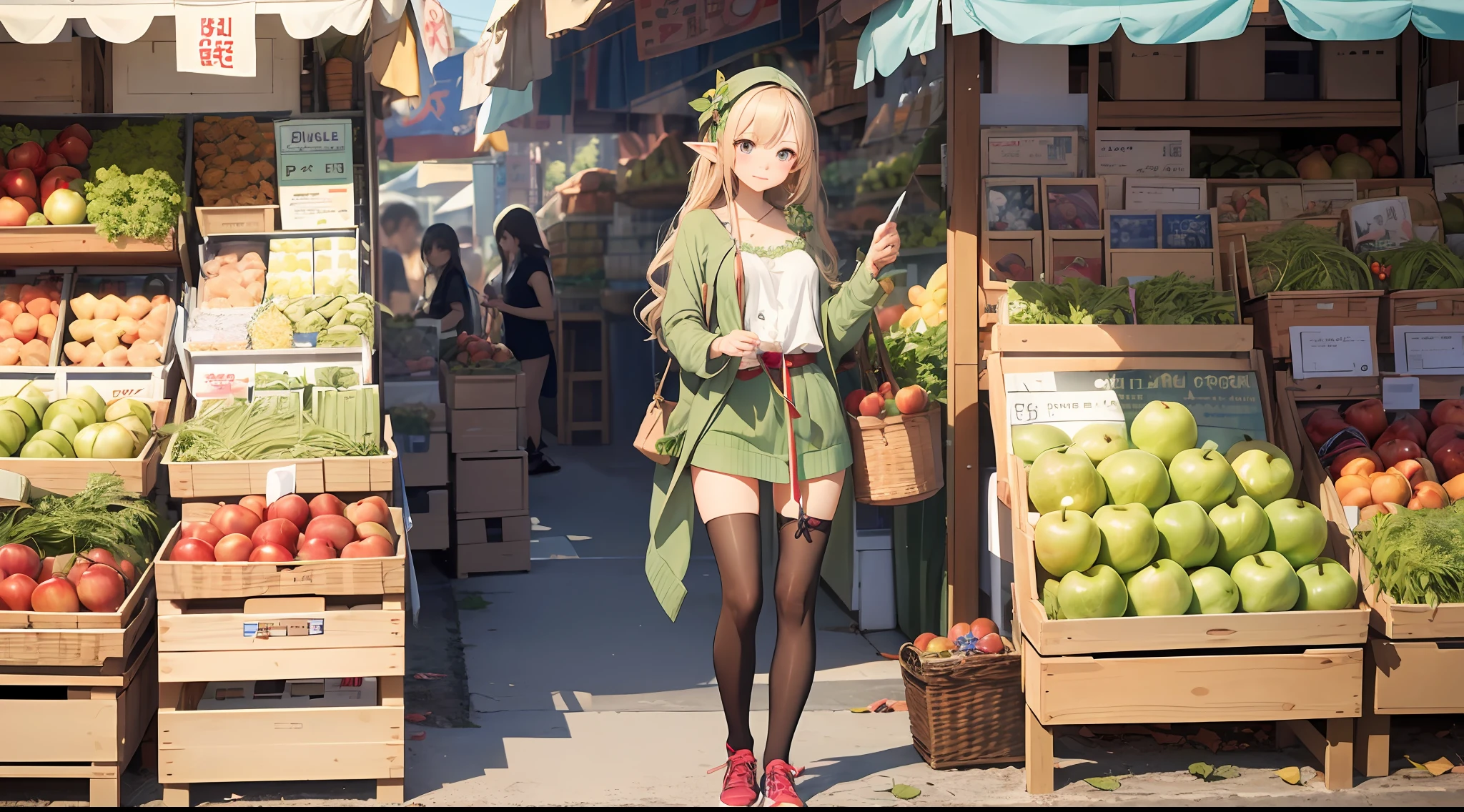 Full body shot of cute elf girl、Uncover the realities of her everyday life、Buying apples in the morning market
