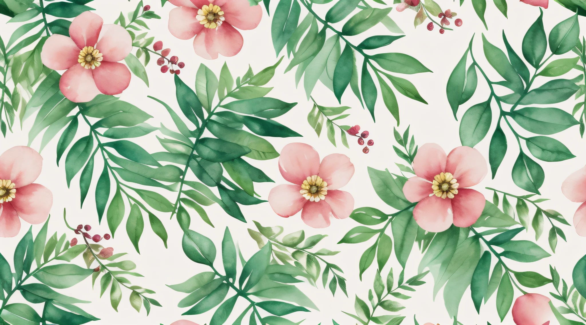 Watercolor pattern of beautiful flowers, berries, ferns, Leaves, Calm colors in #3b4195 color background. Watercolor paper texture.