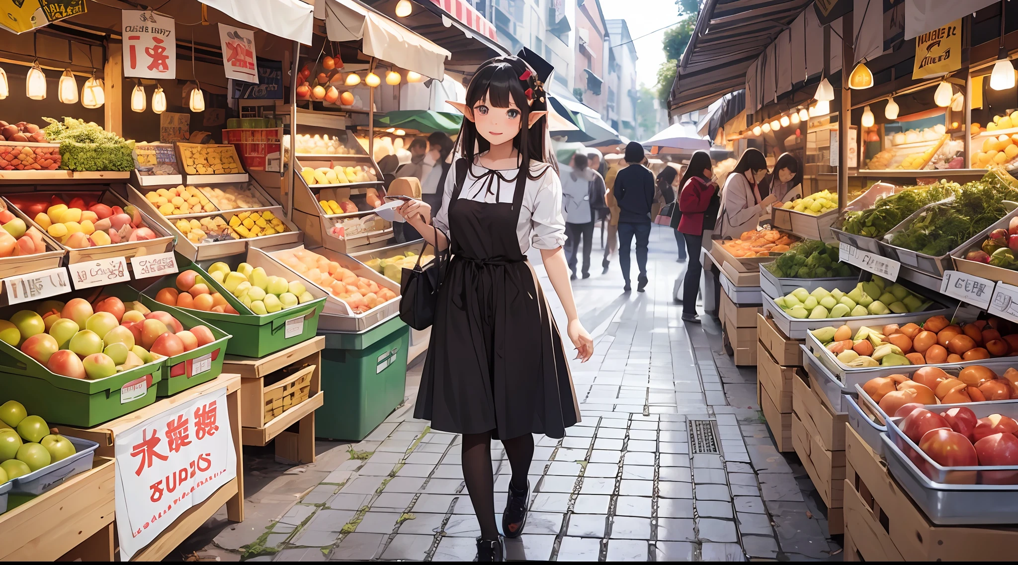 Full body shot of cute elf girl、Uncover the realities of her everyday life、Buying apples in the morning market