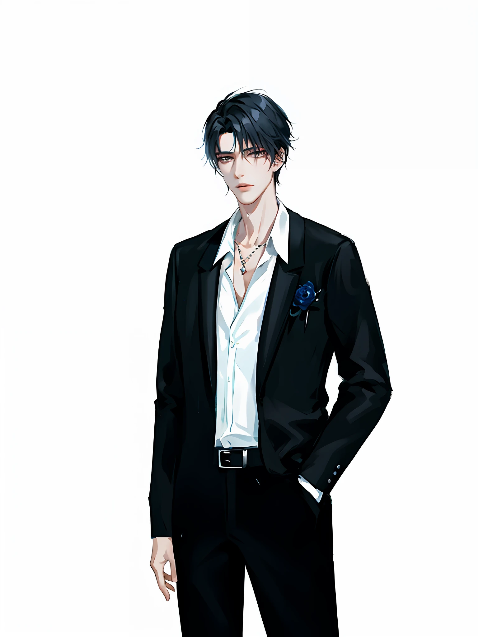 Anime man in a black suit and a white shirt with a tie, Delicate androgynous prince, Beautiful androgynous prince, Inspired by Bian Shoumin, Single character full body, wearing a black noble suit, Anime handsome man, attractive androgynous humanoid, Inspired by Zhang Han, digital art of an elegant, inspired by Kim Deuk-sin