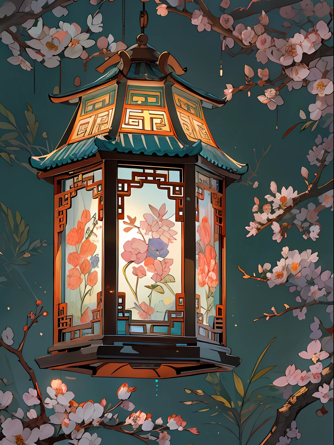 sugar syrup-made exquisite and intricate octagonal lantern, colorful, delicate patterns, translucent, glowing in the dark, hanging from a tree branch, gently swaying in the breeze, creating a magical and enchanting atmosphere, traditional Chinese style, handcrafted with attention to detail, capturing the essence of craftsmanship, by a skilled artisan, ,32k uhd, best quality, masterpiece, super detail, high details,