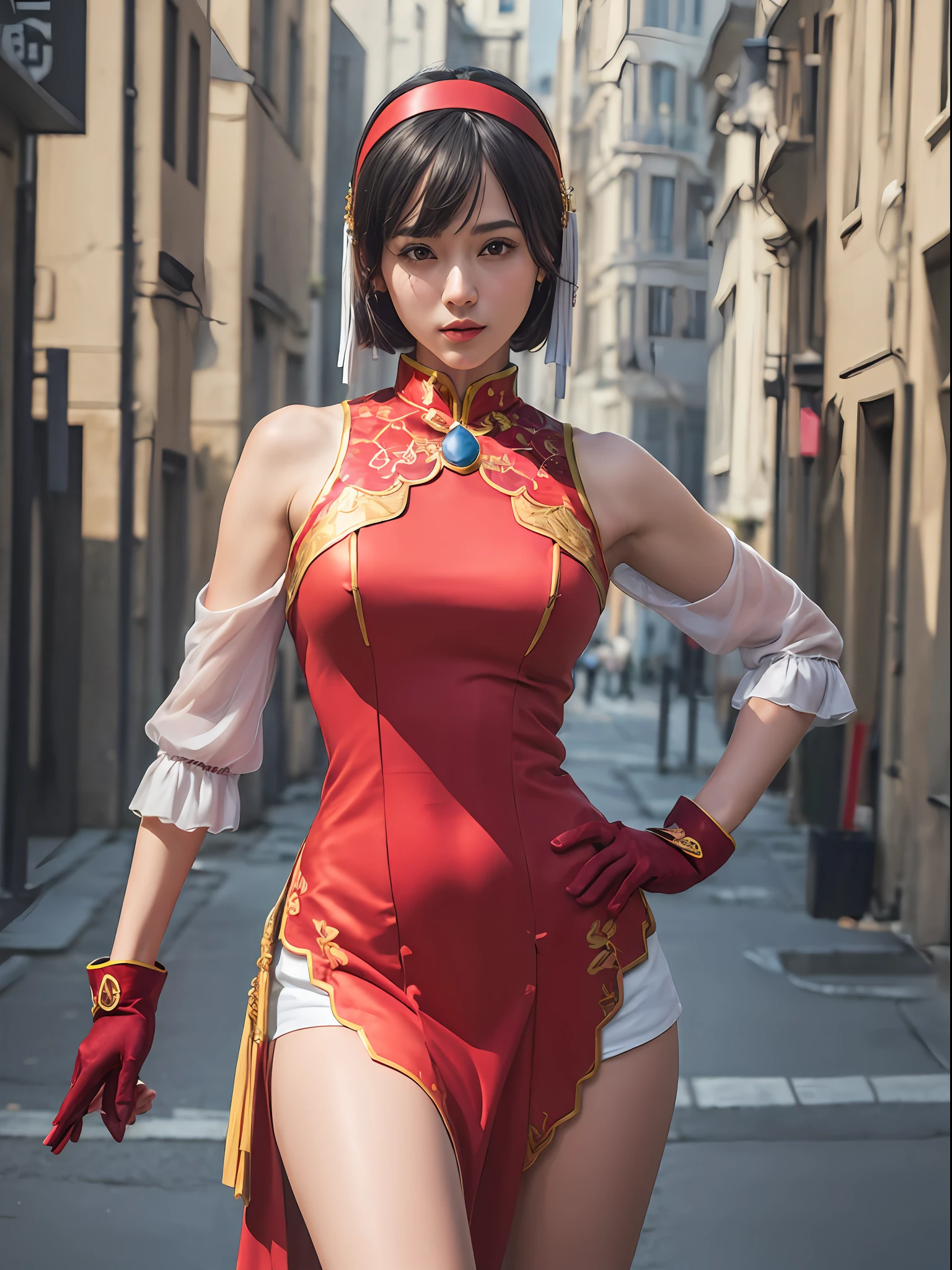 (masterpiece, best quality:1.4), (modern days), (wide shot), 1girl, solo, stunning girlfriend, (standing:1.1), 1girl, solo, athenams, hairband, chinese clothes, red dress, gloves, hair ornament , bare shoulders, detailed background, depth of field, atmospheric perspective, volumetric lighting, sharp focus, absurdres, realistic proportions, good anatomy, (realistic, hyperrealistic:1.4), 16k hdr,