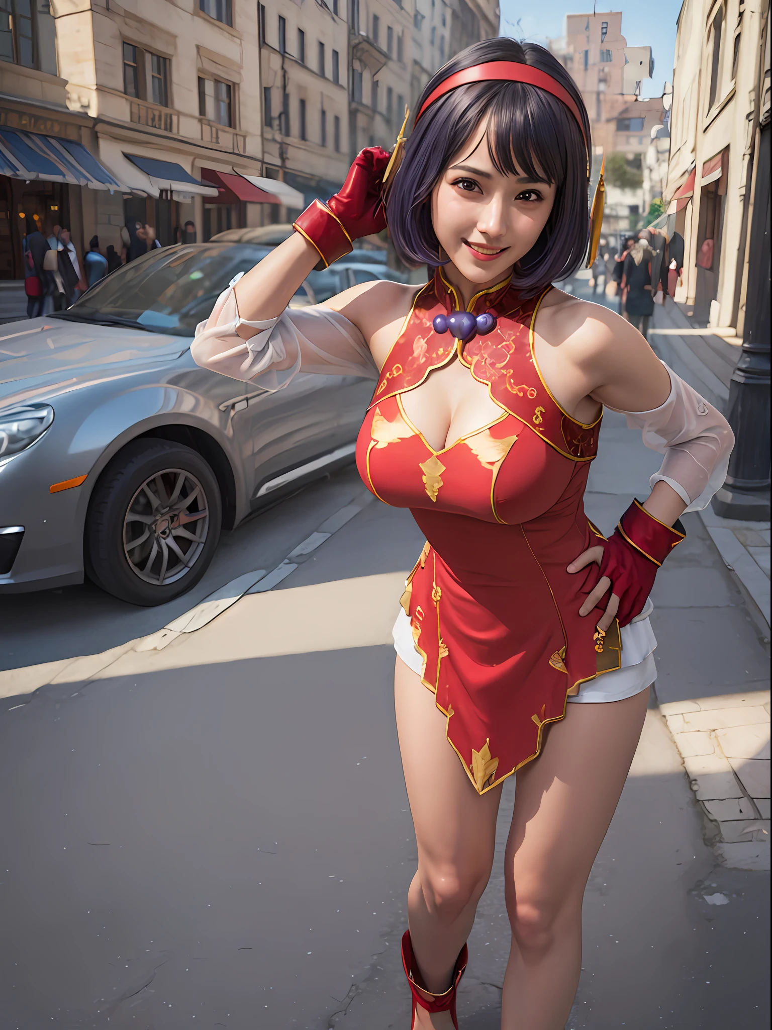 (masterpiece, best quality:1.4), (full body), (wide shot), 1girl, solo, stunning girlfriend, (standing:1.1), 1girl, solo, athenams, hairband, chinese clothes, red dress, gloves, hair ornament , bare shoulders, heart shaped face, elegant face, beautiful face, highly detailed face, highly detailed skin, skin pores, subsurface scattering, realistic pupils, medium breast, loving smile, detailed background, depth of field, atmospheric perspective, volumetric lighting, sharp focus, absurdres, realistic proportions, good anatomy, (realistic, hyperrealistic:1.4), 16k hdr,
