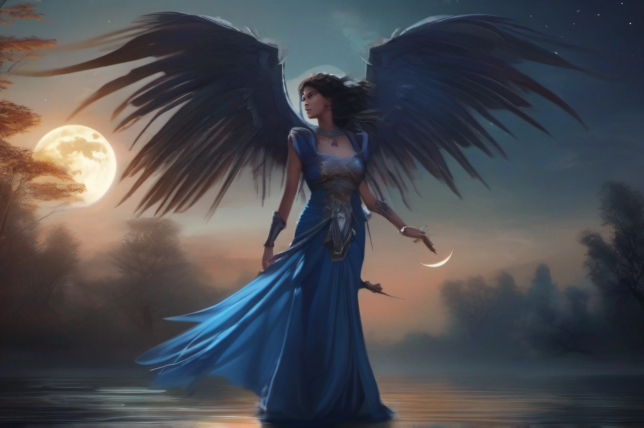 ((best quality)), ((masterpiece)), (detailed), woman standing before Moon in the Forest, (((dark night,nightgown, night))),((fate/stay night, ))((back lit, dark mood, blue tone)) (Artstation contest winner:1.1), (fantasy art:1.3), (portrait armored saree girl:1.2),(((Long feathered wings)))(Peter Mohrbacher:1.1), (unreal engine:1.1), , spiked metal armor, (dynamic composition:1.3), (8k resolution:1.2) , indian women wareing saree,