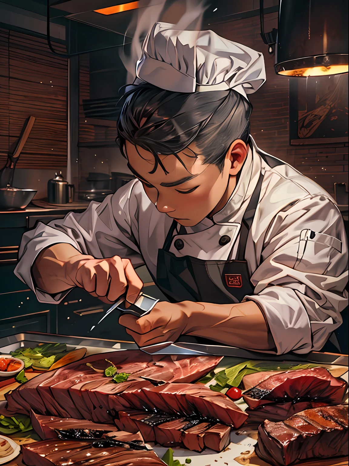 A chef carving dried beef with a carving knife, shaping it into eight large characters. The intricate patterns on the surface of the beef are clearly visible, emitting a tantalizing aroma. The kitchen is illuminated by the light, highlighting the professionalism of the chef's work. ,in the style of the stars art group xing xing, 32k, best quality, masterpiece, super detail, high details,