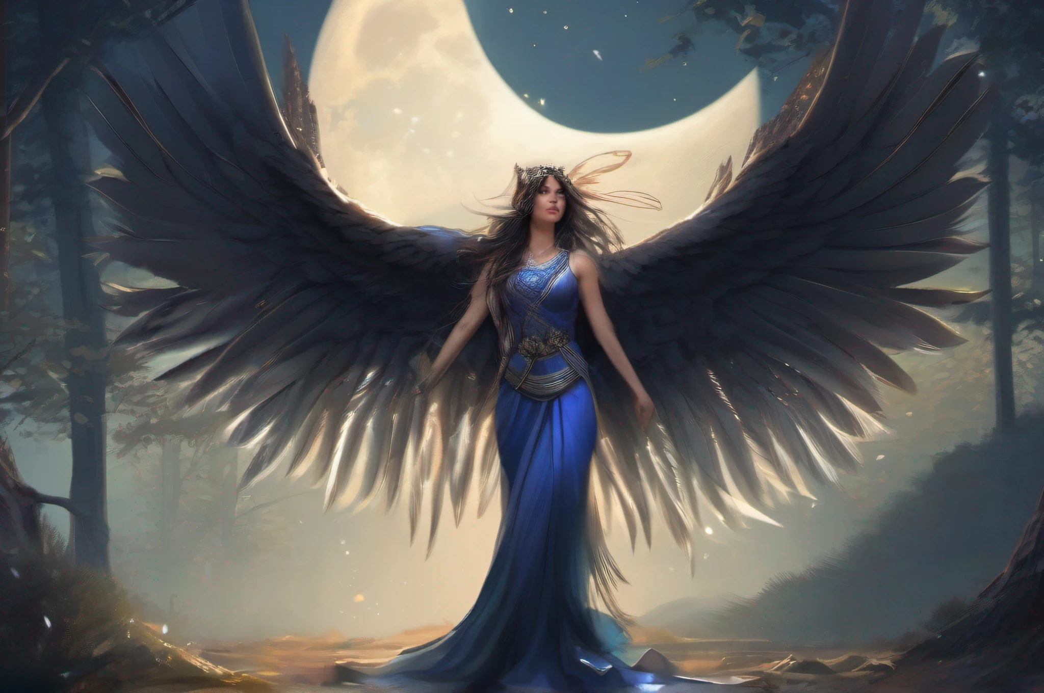 ((best quality)), ((masterpiece)), (detailed), woman standing before Moon in the Forest, (((dark night,nightgown, night))),((fate/stay night, ))((back lit, dark mood, blue tone)) (Artstation contest winner:1.1), (fantasy art:1.3), (portrait armored saree  girl:1.2),(((Long feathered wings)))(Peter Mohrbacher:1.1), (unreal engine:1.1), , spiked metal armor, (dynamic composition:1.3), (8k resolution:1.2) , indian women wareing saree,
