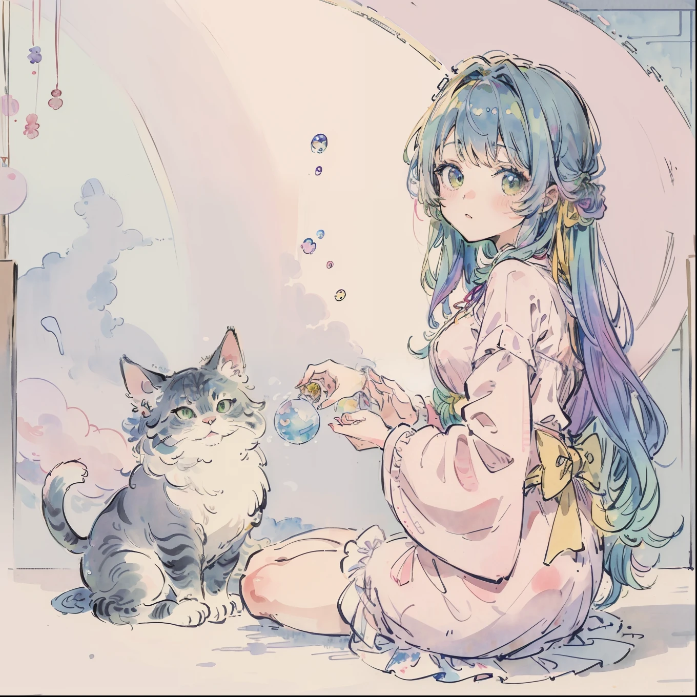 Yumekawa 、Cute as a dream、a pale、Moya、(​masterpiece、top-quality、top-quality、watercolor paiting(Curly)、Take a cute cat、Official art、Beautifully Aesthetic:1.2)、(a beauty girl:1.3)、patterns、(rainbow-colored hair、colourful hair:1.2)、Soap bubbles、Rainbow behind、​​clouds、colourfull、Soap bubbles、Hair spreads throughout、kawaii、pastels、Large ribbon、Lovely room、Rainbow Cat Plush Toy