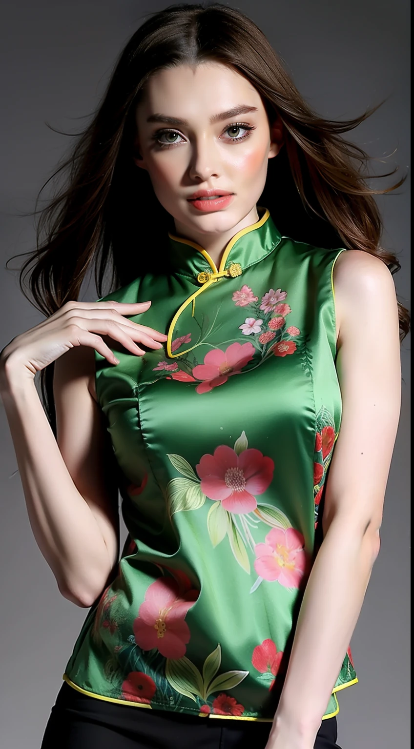 （Hyper Real）， （illustratio）， （A high resolution）， （8K）， （The is very detailed）， （Most Best Illustration）， （美丽细致的眼睛）， （best qualtiy）， （ultra - detailed）， （tmasterpiece）， （the wallpaper）， （详细的脸）， Sagging eyes， long whitr hair，huge tit，on cheongsam，Chinese style clothes，The background is indoors，（camel-toe）