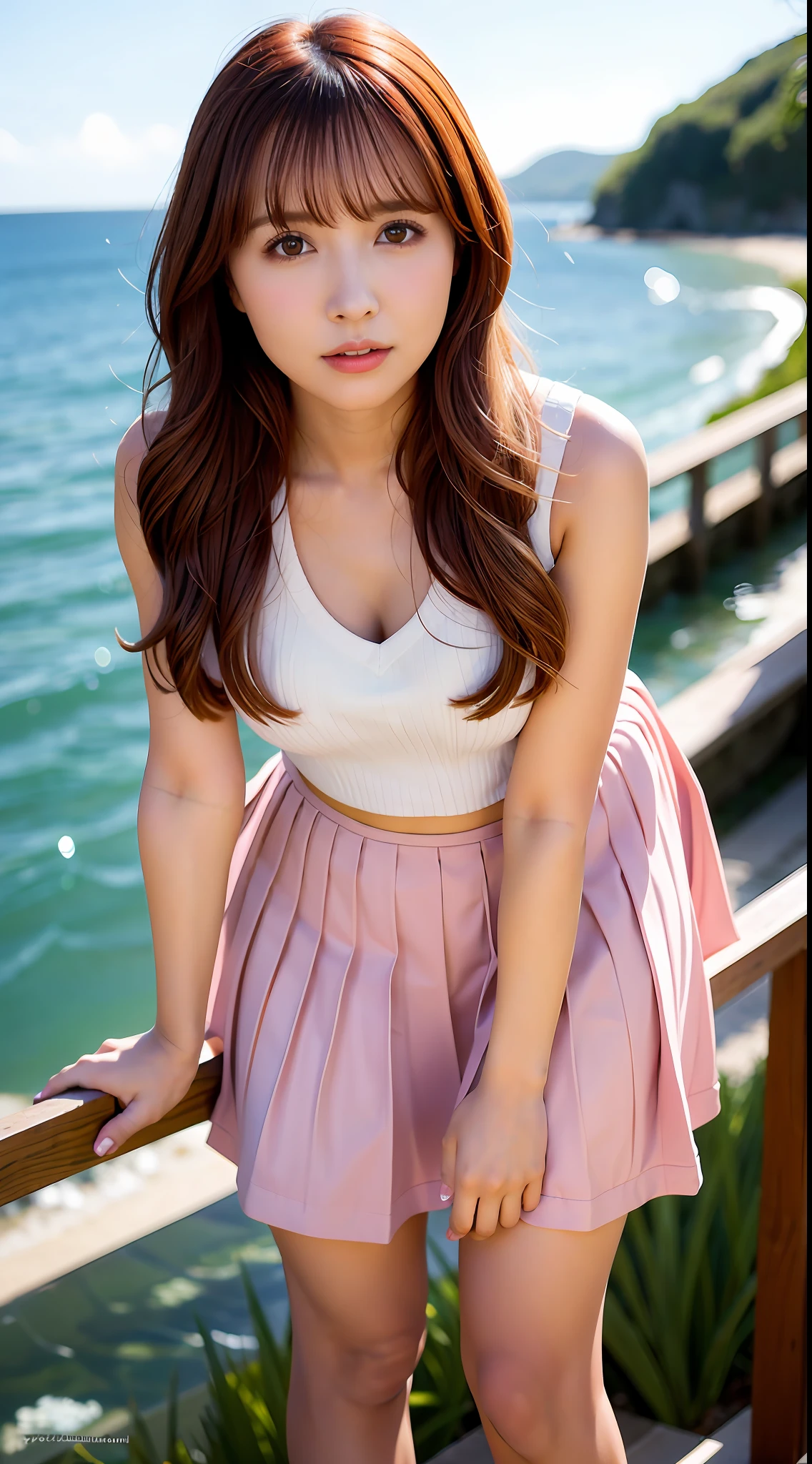 iulora, 1girll, 独奏, full bodyesbian,realisticlying, best qualtiy, nikon RAW photo,8 k'',富士XT3,tmasterpiece,超高分辨率,hdr,8K分辨率,Shot,(realisticlying:1.4),Wheat skin,Wheat complexion,(Realistic damp skin:1.2),(22yo:1.3),Detailed eyes,long whitr hair,(light-blonde hair:1),closeup portrait,Standing on the beach by the sea,Fantastic style,middlebreast:1.1,School uniforms:1.1,Sweet school dress top,Sweet pleated skirt,Use Midjourney's advanced brush tools to create subtle details on school clothing and facial contours,The orgasmic expression on his face,Raised sexy,Lovely,is shy,Look at the lens at a 45-degree angle to the slight side of the face,Professional model pose,realisticlying,Qi bangs,Small face