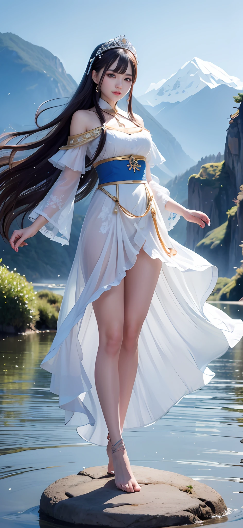 close up on face, Ultra-fine face,femele, China-style, Ancient wind,long whitr hair, delicated, ellegance, opulent, ellegance, Yarn,ssmile, Ribbons,cinmatic lighting, hyper HD, A high resolution, best qualtiy, 4K, high detal, high qulity, super detailing, anatomy correct, tmasterpiece, ccurate,mountain water,Mountains and mountains,Tian Shan,tenchi,snow mountains,standing on water,Barefoot