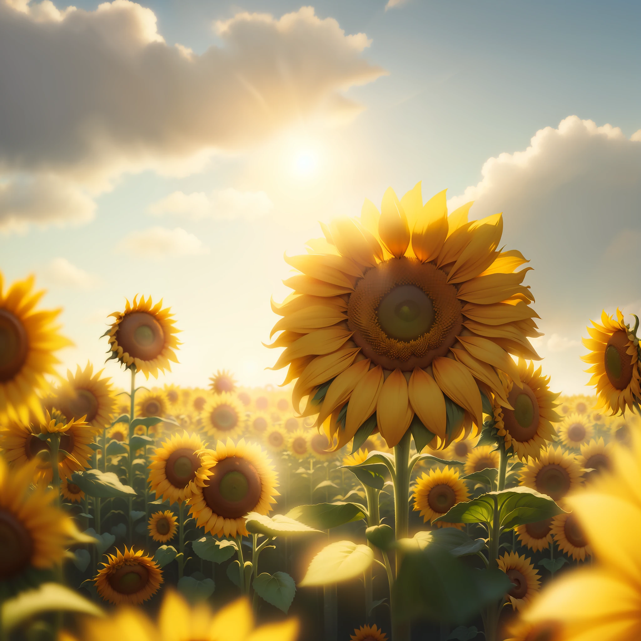 Sunflowers in a sunflower field with sky background, beautiful sunny day, Scene : Sunflower field, Scene: Sunflower field, Sunflower field, Sunflower background, sunflowers, sunflowers fields, sunny ambiance, Beautiful sunflower anime girl, amazing wallpapers, with the sun shining on it, A clear day, Sunflower, volumetricsunlight, beautiful wallpaper