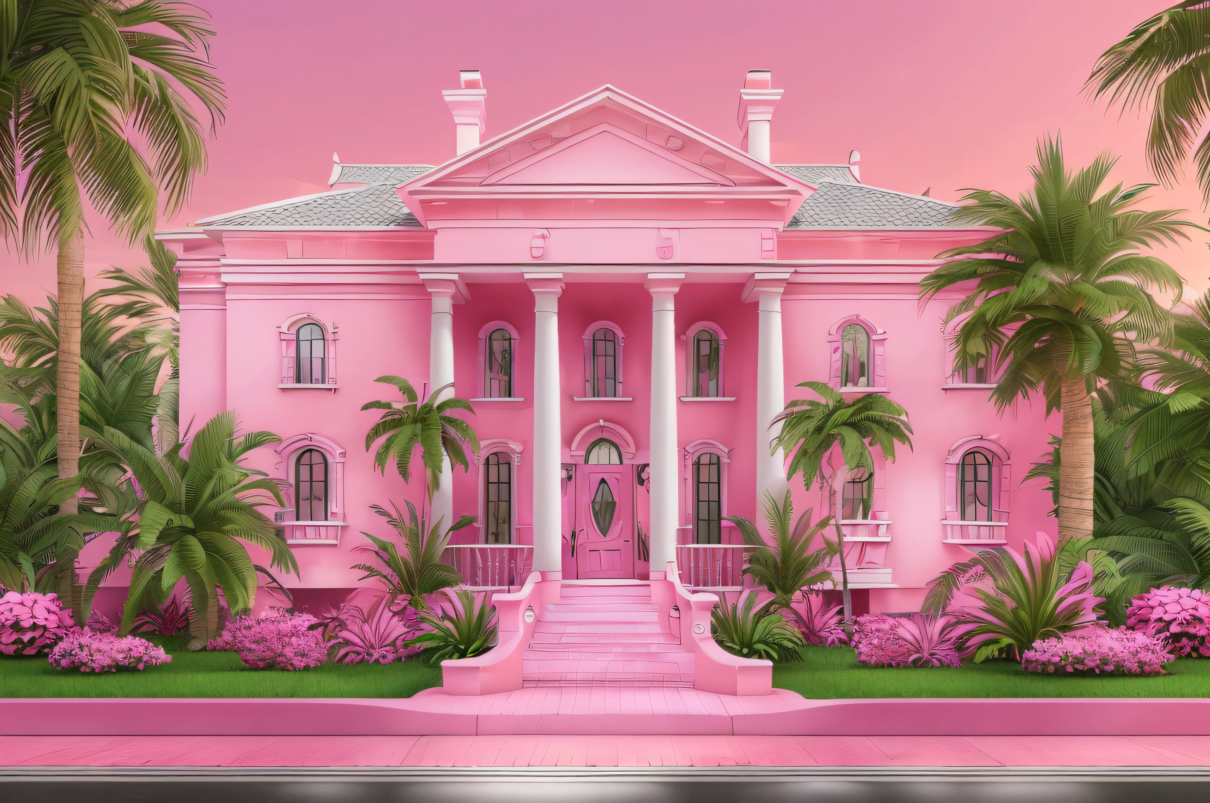 (great artwork,best quality),((pink house with a door and palm trees in front)), (mansion), waterfront mansion, pink marble building, home of a florida mansion, pink outline rendering, ( (in ultra realistic style)): 1.4, rich house, realistic establishment shot, pink tones, walls are pink, intricate details,