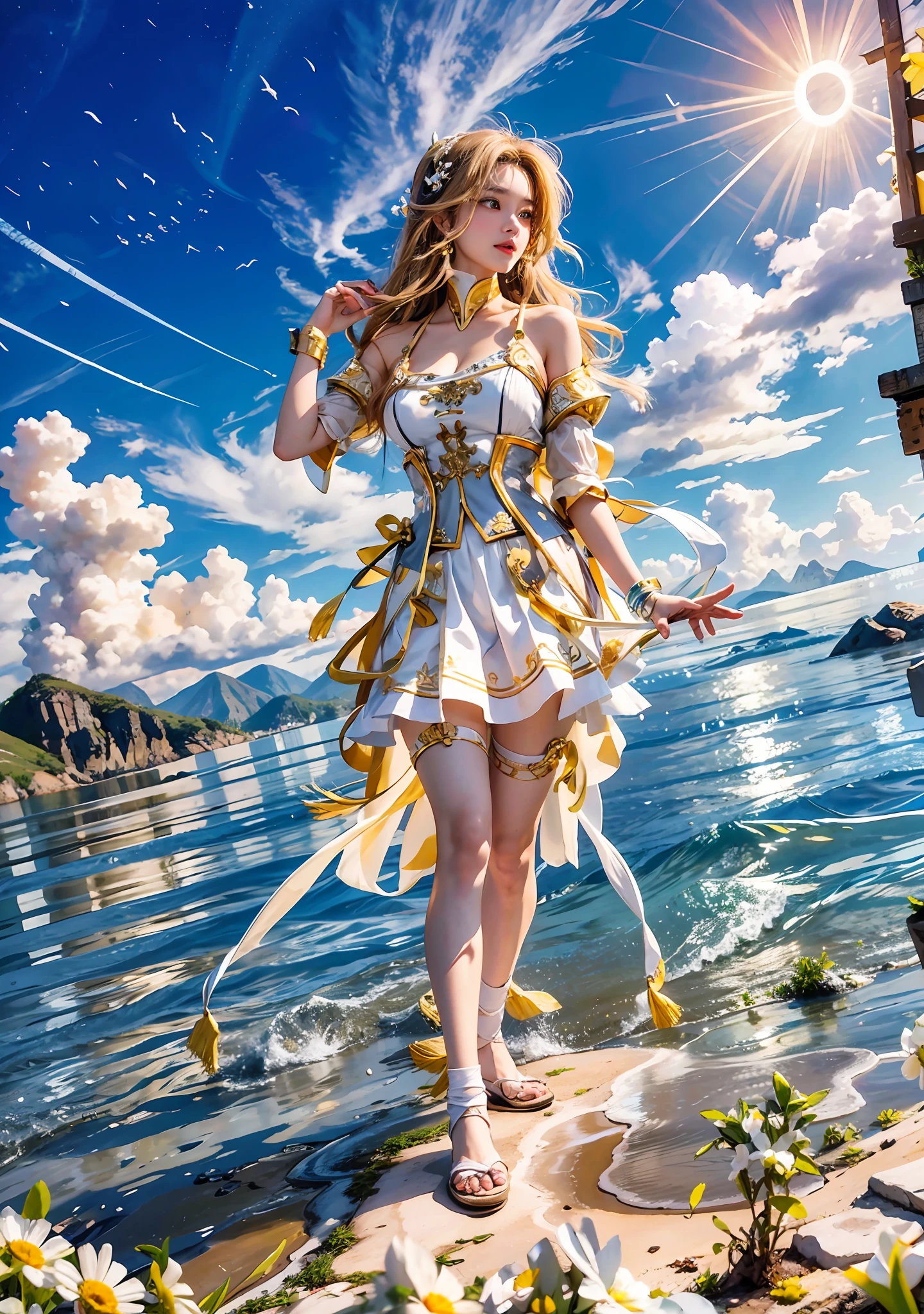 tmasterpiece,Best Picture Quality,A beautyful girl,Detailed eyes,Swollen eyes,Brown hair long,White skin of the,adolable,Cute legs,short skirt,a asian beauty,rays of moonlight,Powerful eyes,profesional lighting,Bright lights,二重まぶた,slender figures,a asian beauty,short skirt,Hefty Smile,sweat leggs,closeup cleavage,Young face。