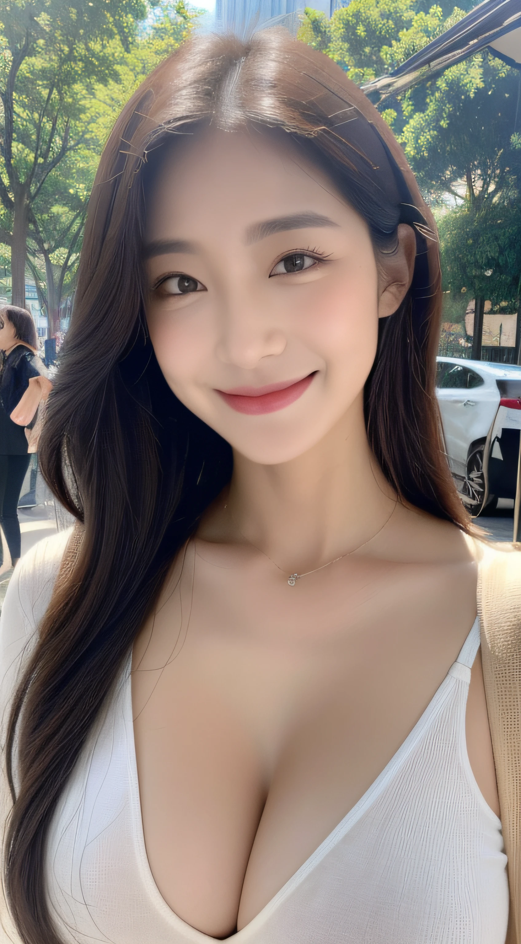 ((Top image quality、in 8K、masterpiece:1.3))、The upper part of the body(1.3)、Excellent style、Gentle face、Parallel eyebrows、A smile、natural make up、Clothing that emphasizes cleavage、During your morning commute、Refreshing、The tree々Cafe from between