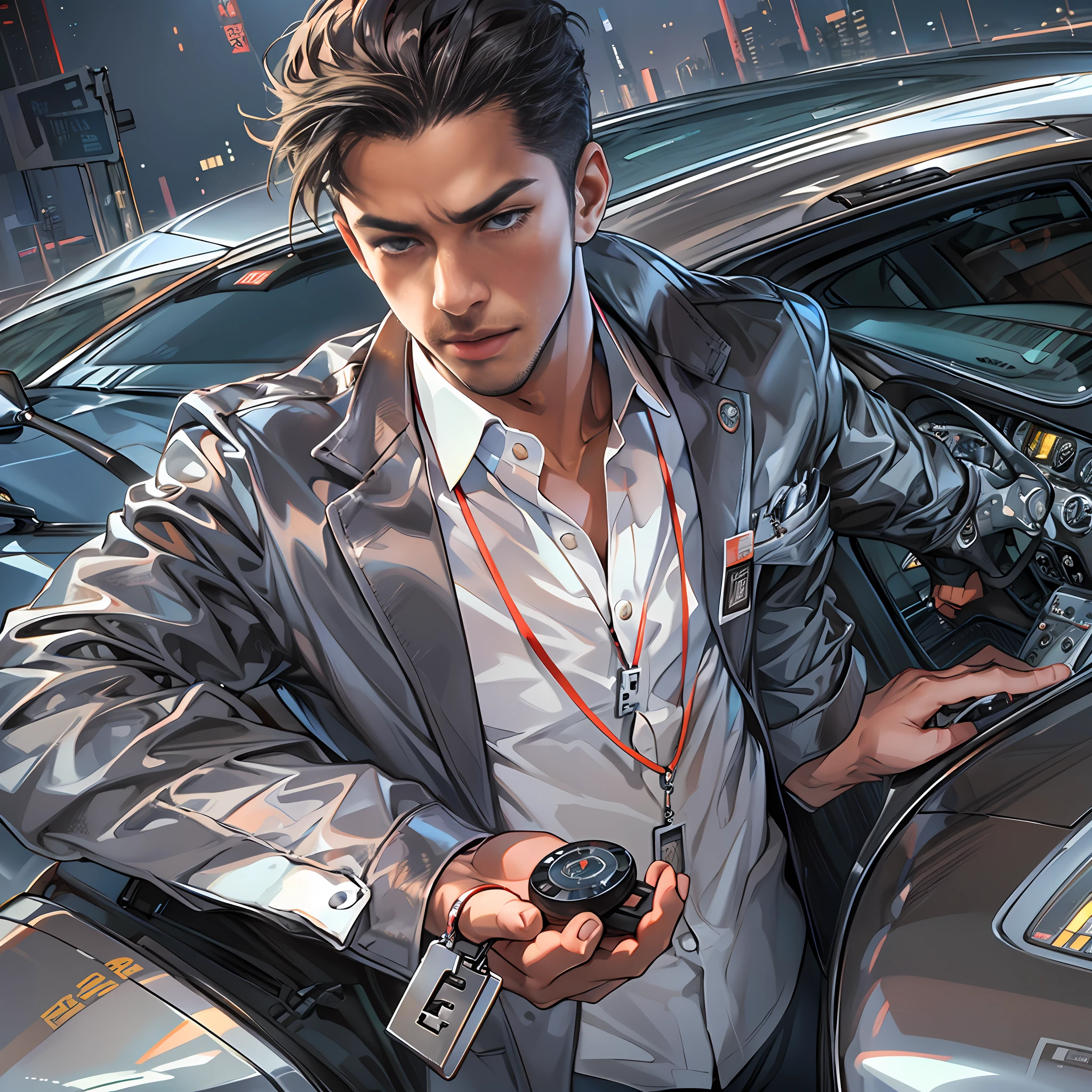 A young and stylish man holding a car key, standing in front of a shiny McLaren sports car, determinedly pressing the start button on the key, the engine roaring loudly, attracting the attention of all the fans present. ,in the style of the stars art group xing xing, 32k, best quality, masterpiece, super detail, high details